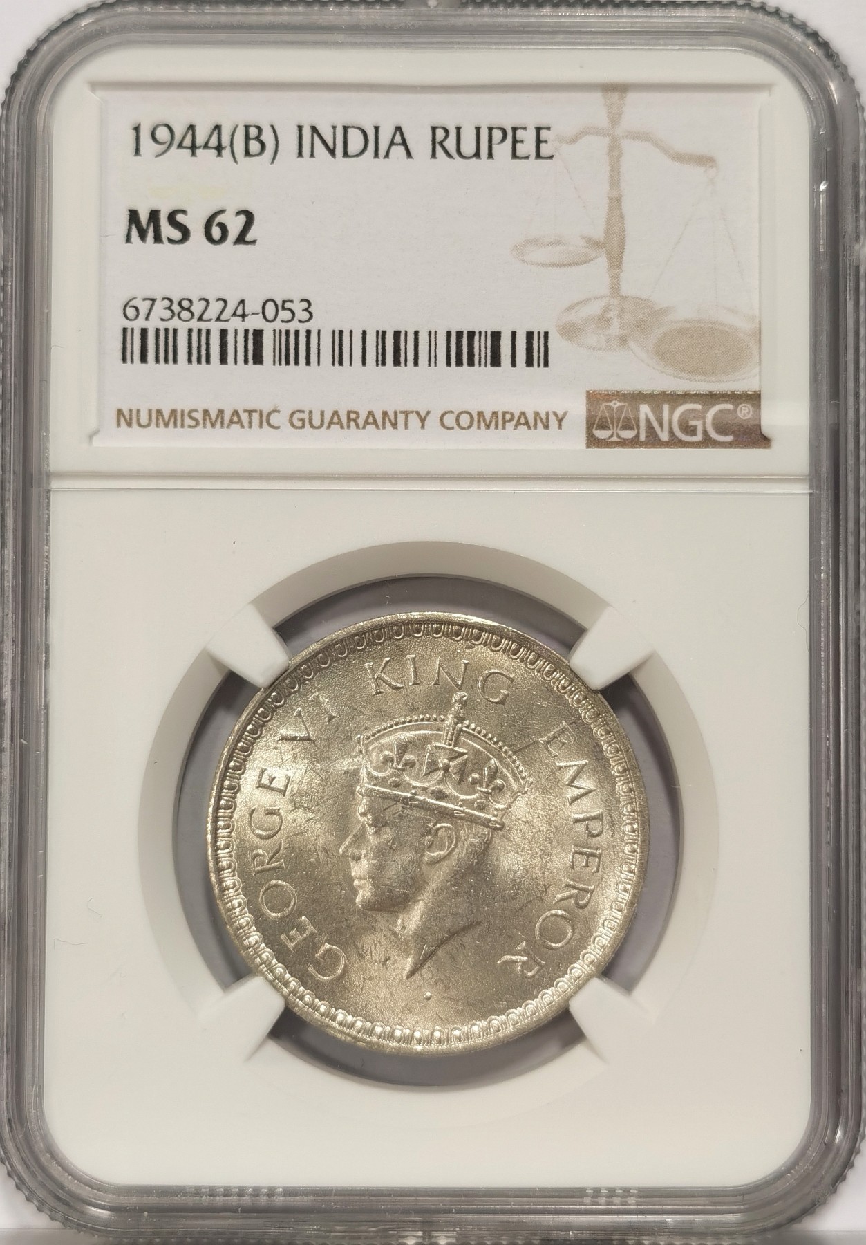 博洋堂世界钱币拍卖第036期（全场包邮） NGC MS62 英属印度1944年B版乔治六世1卢比银币 原光UNC好品