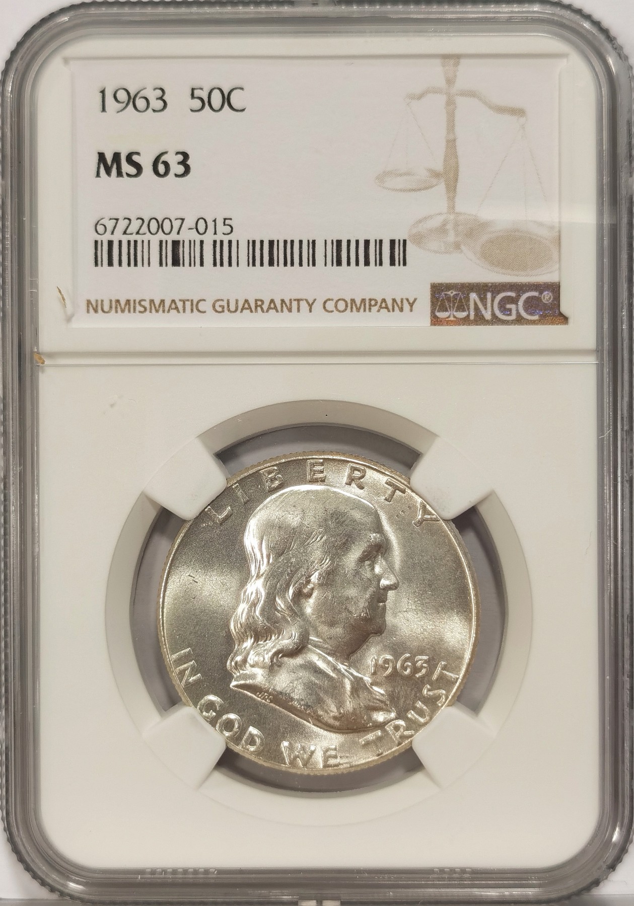 博洋堂世界钱币拍卖第036期（全场包邮） NGC MS63 美国1963年肯尼迪半美元银币，严评，BU品质转光强烈，经典设计