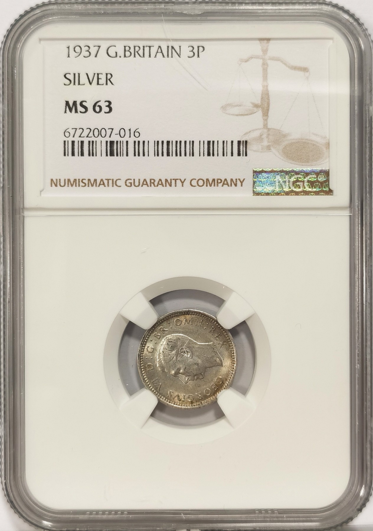 博洋堂世界钱币拍卖第036期（全场包邮） NGC MS63 英国1937年乔治六世三便士银币，转光强烈，打制深峻，可爱小银自藏送友两相宜
