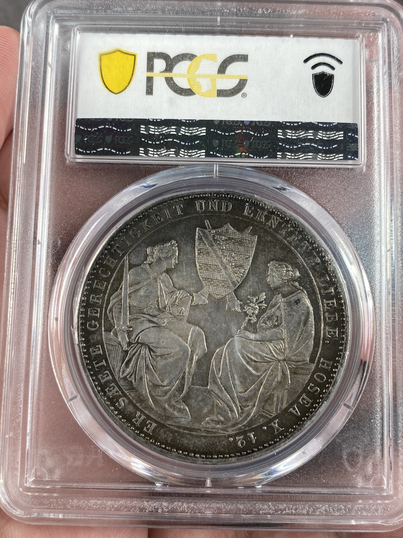 万国钱币拍卖第013期（视频直播专场） PCGS AU58+ 1854年德国萨克森经典双神2泰勒 少见品种，欧洲五彩