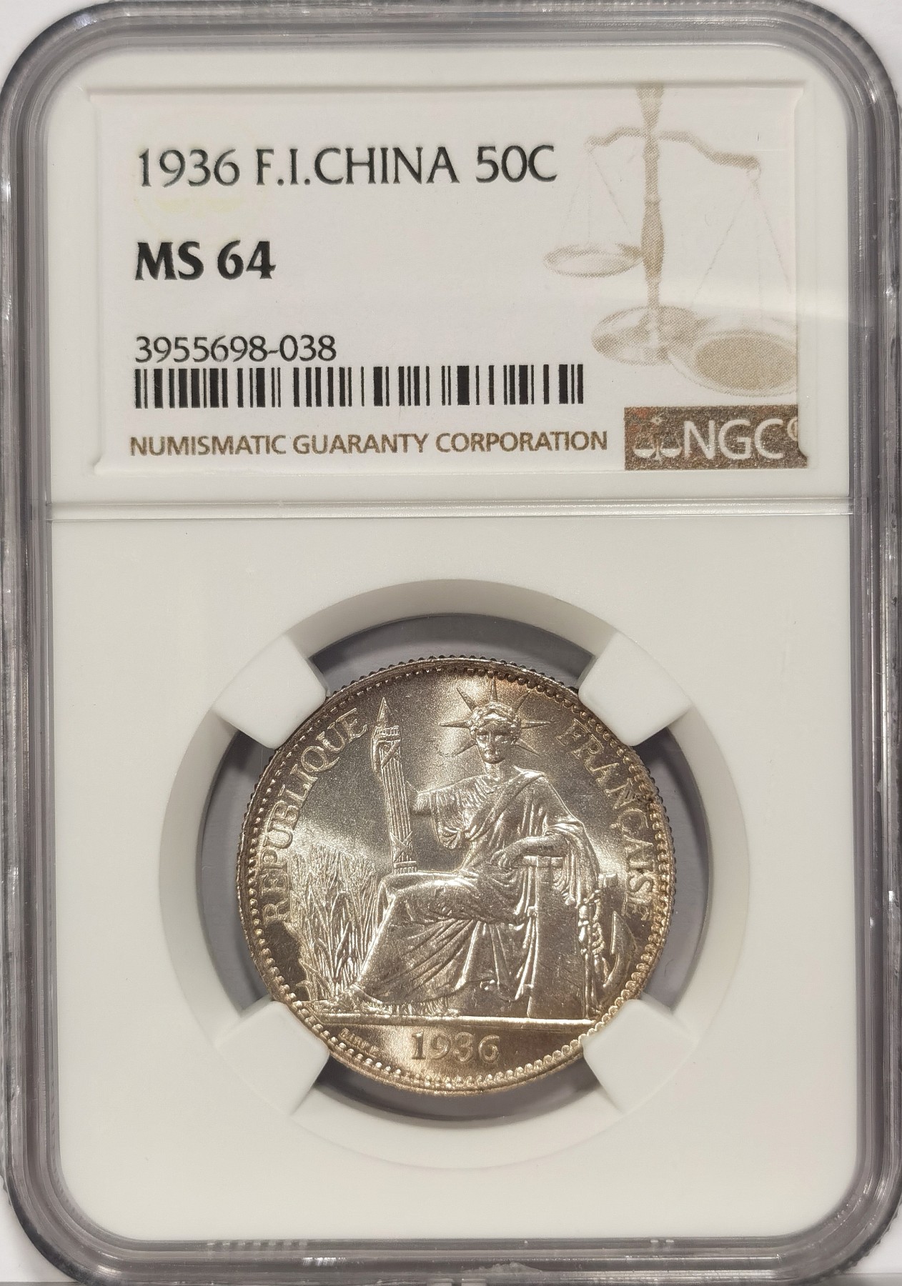 博洋堂世界钱币拍卖第036期（全场包邮） NGC MS64 法属印支1936年坐洋半圆50分银币，原光淡彩