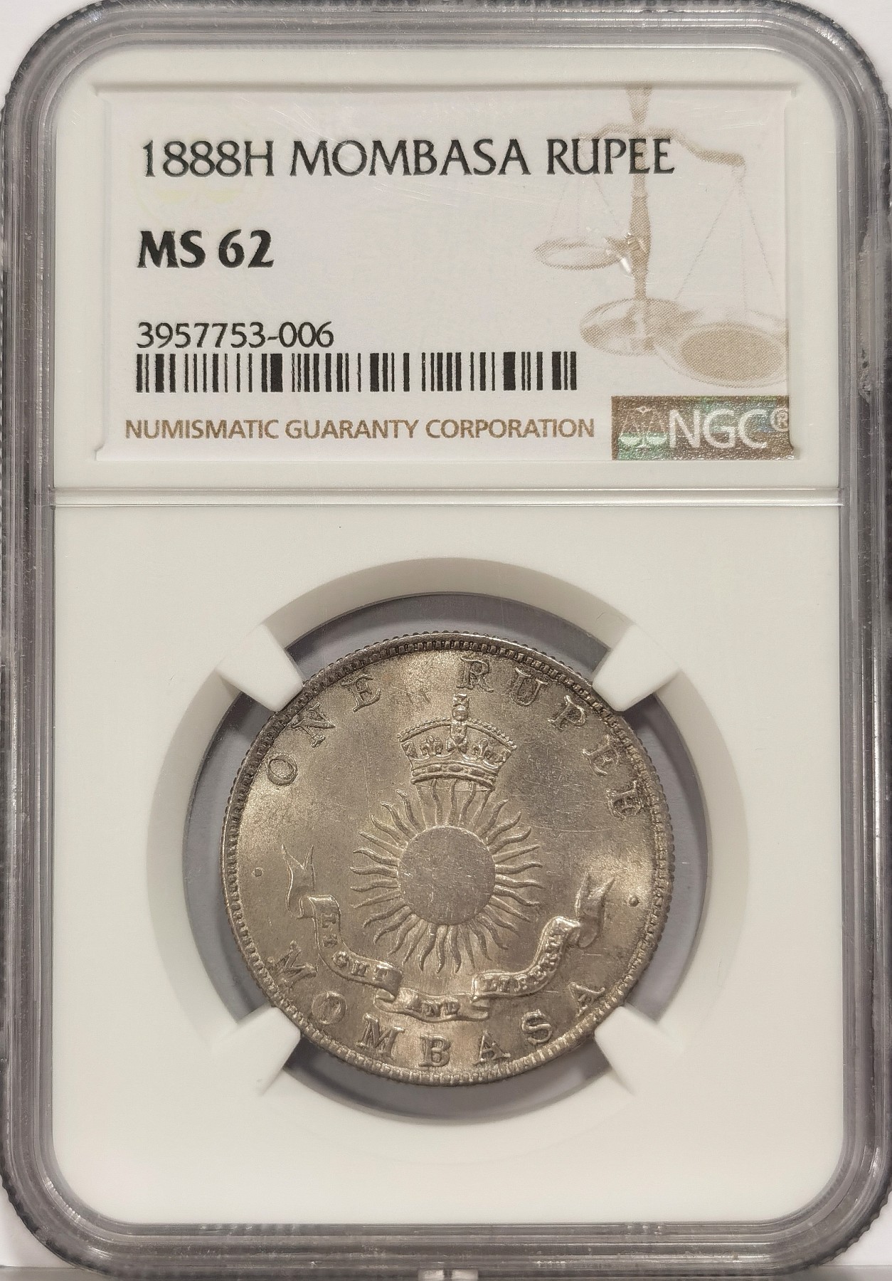 博洋堂世界钱币拍卖第036期（全场包邮） NGC MS62 1888年蒙巴萨1卢比 吉祥年份，热门殖民地钱币品种，浅灰色包浆，光度佳