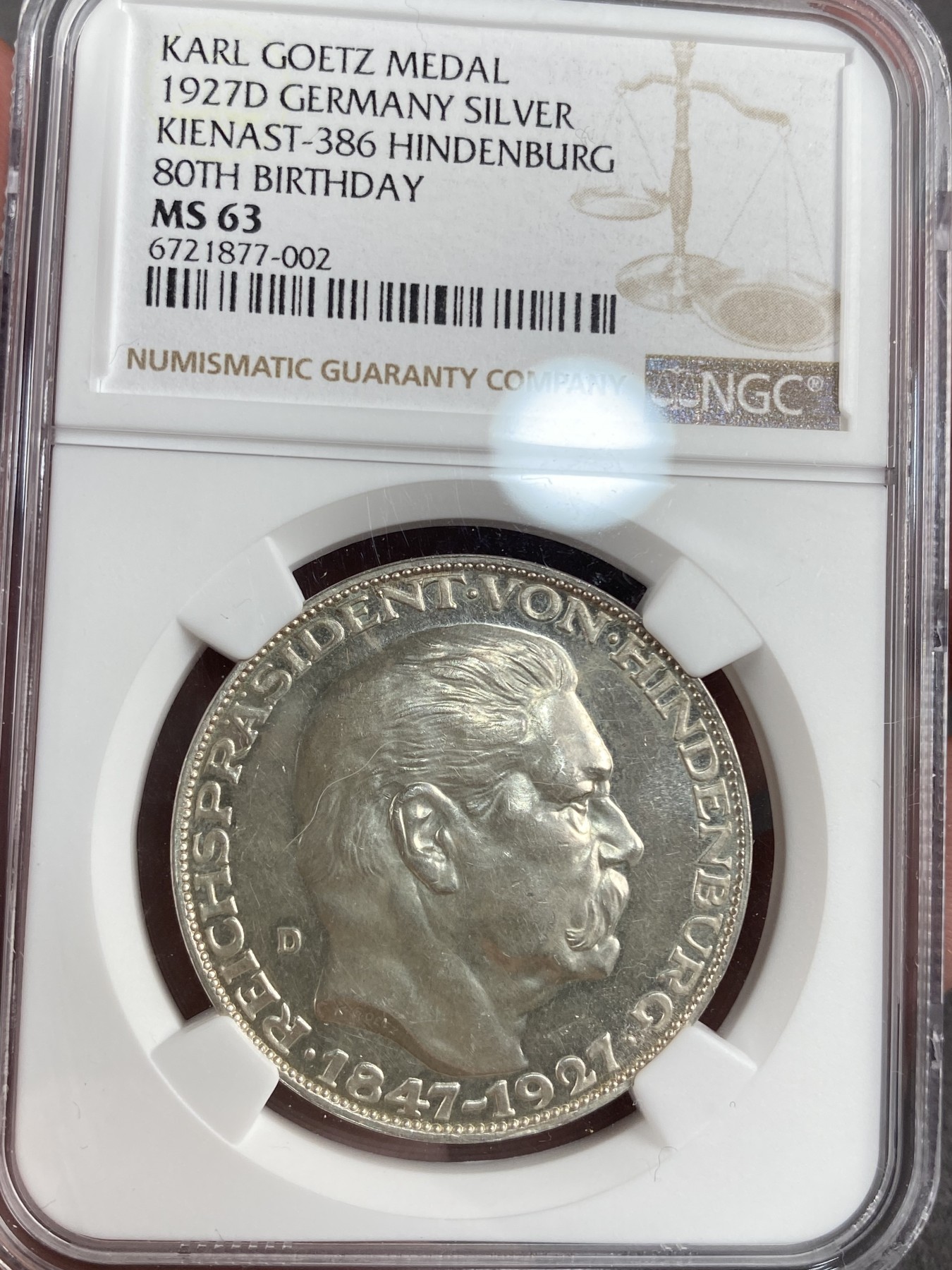 万国钱币拍卖第013期（视频直播专场） NGC MS63 1927D版德国兴登堡总统5马克币章