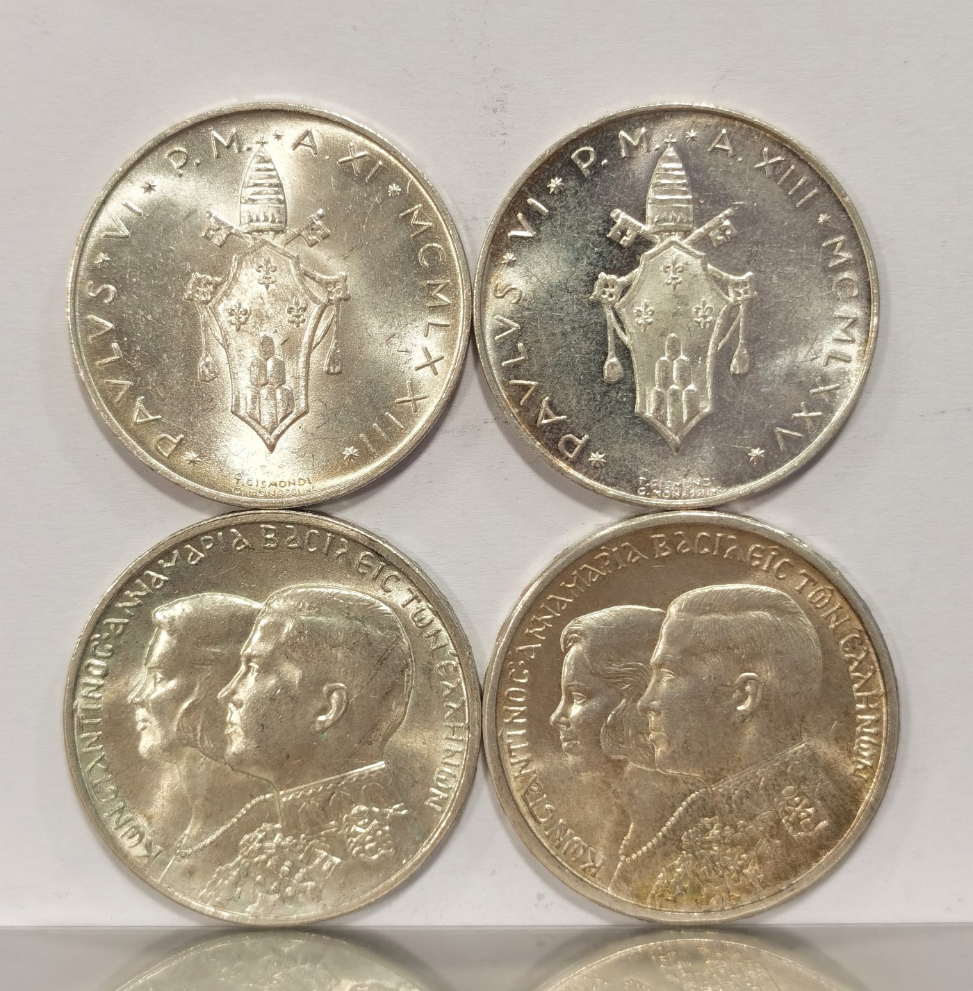 博洋堂世界钱币拍卖第036期（全场包邮） 希腊1964年30德+梵蒂冈500里拉银币两对，BU品相转光强烈银光闪闪，中型银币压手把玩两相宜