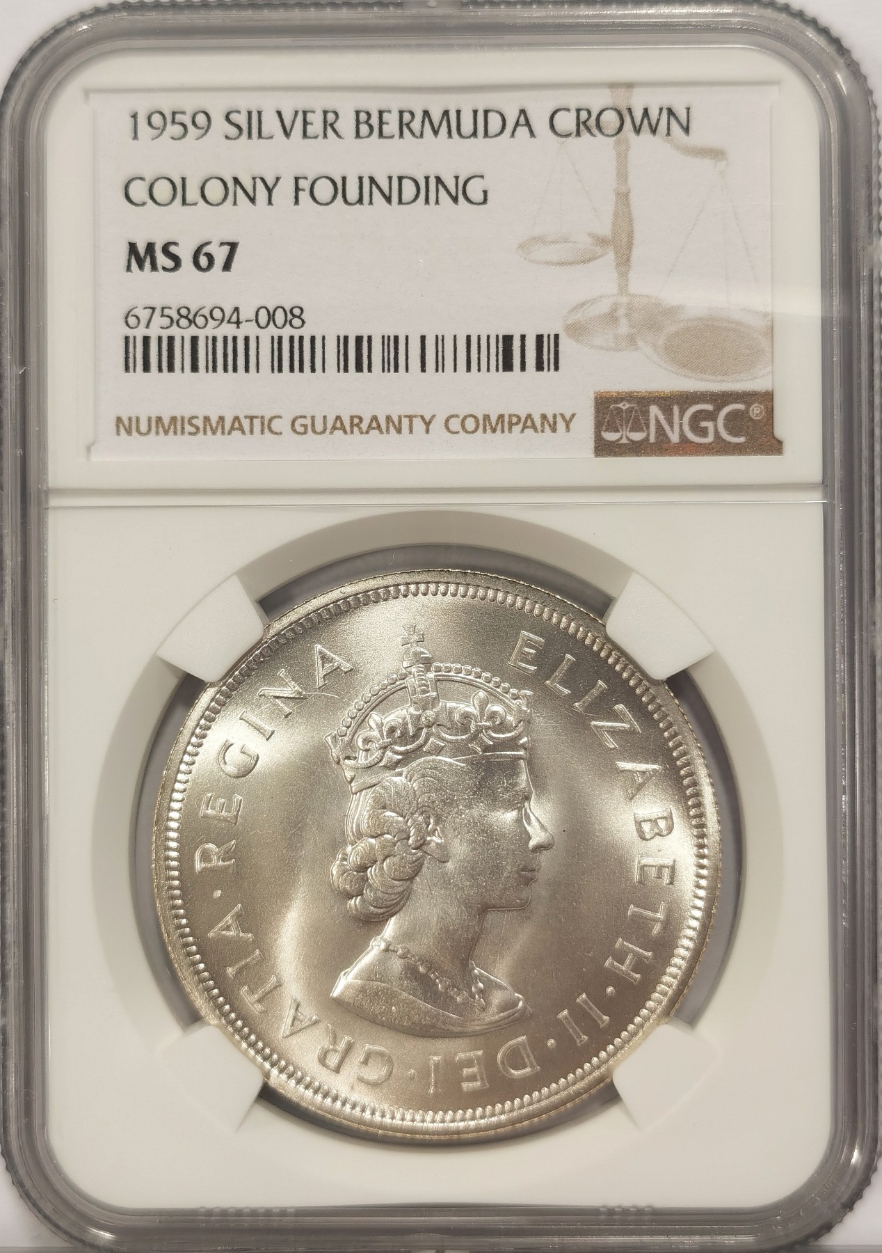博洋堂世界钱币拍卖第036期（全场包邮） NGC MS67 英属百慕大1959年伊丽莎白二世1克朗银币 收藏级高分好品 满银光