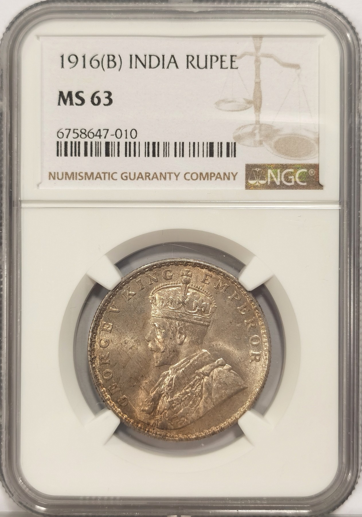 博洋堂世界钱币拍卖第036期（全场包邮） NGC MS63 英属印度1916年B版乔治五世1卢比银币 黄油彩美品