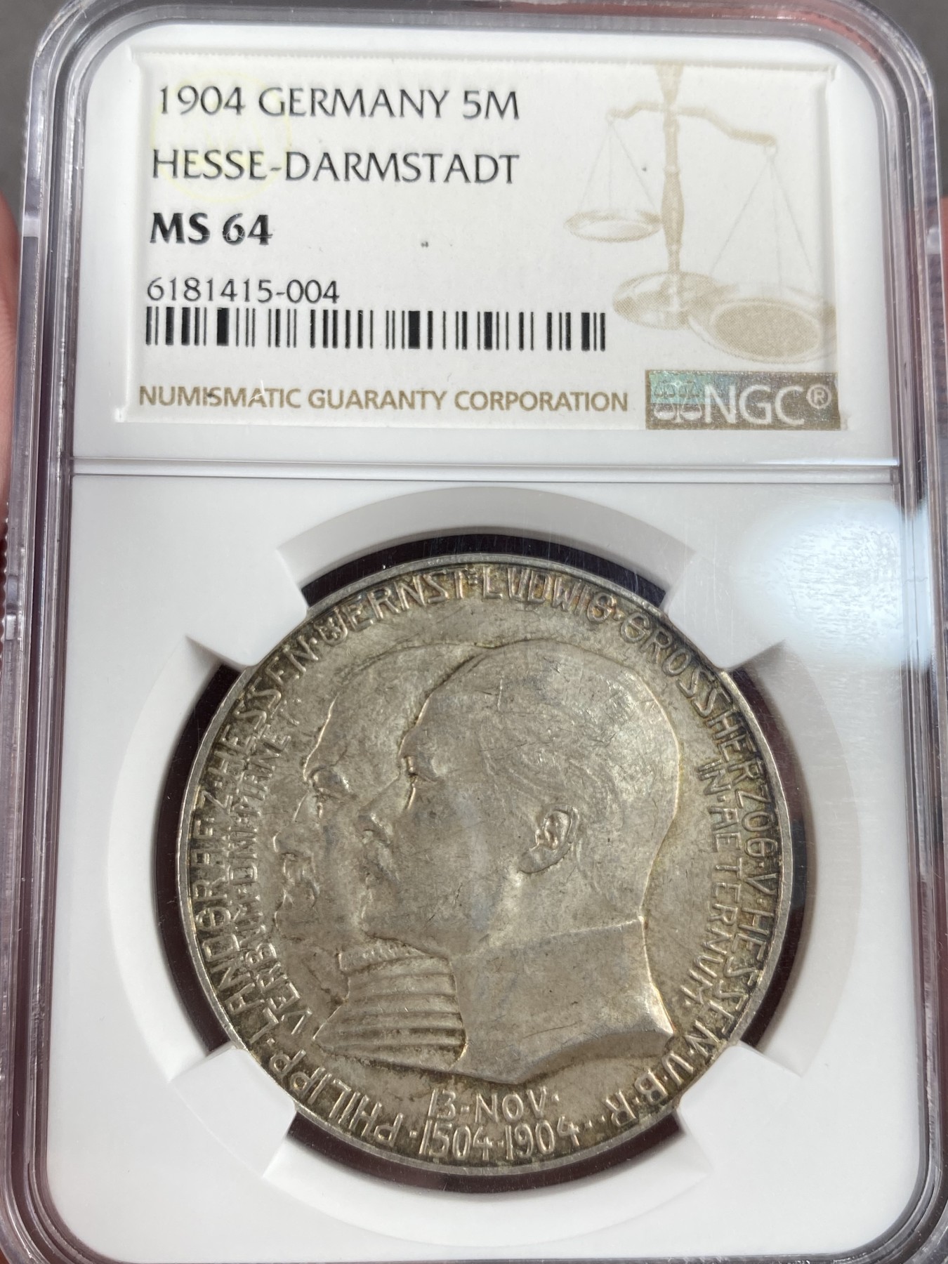万国钱币拍卖第013期（视频直播专场） NGC MS64 黑森达姆斯塔特1904年400周年纪念5马克