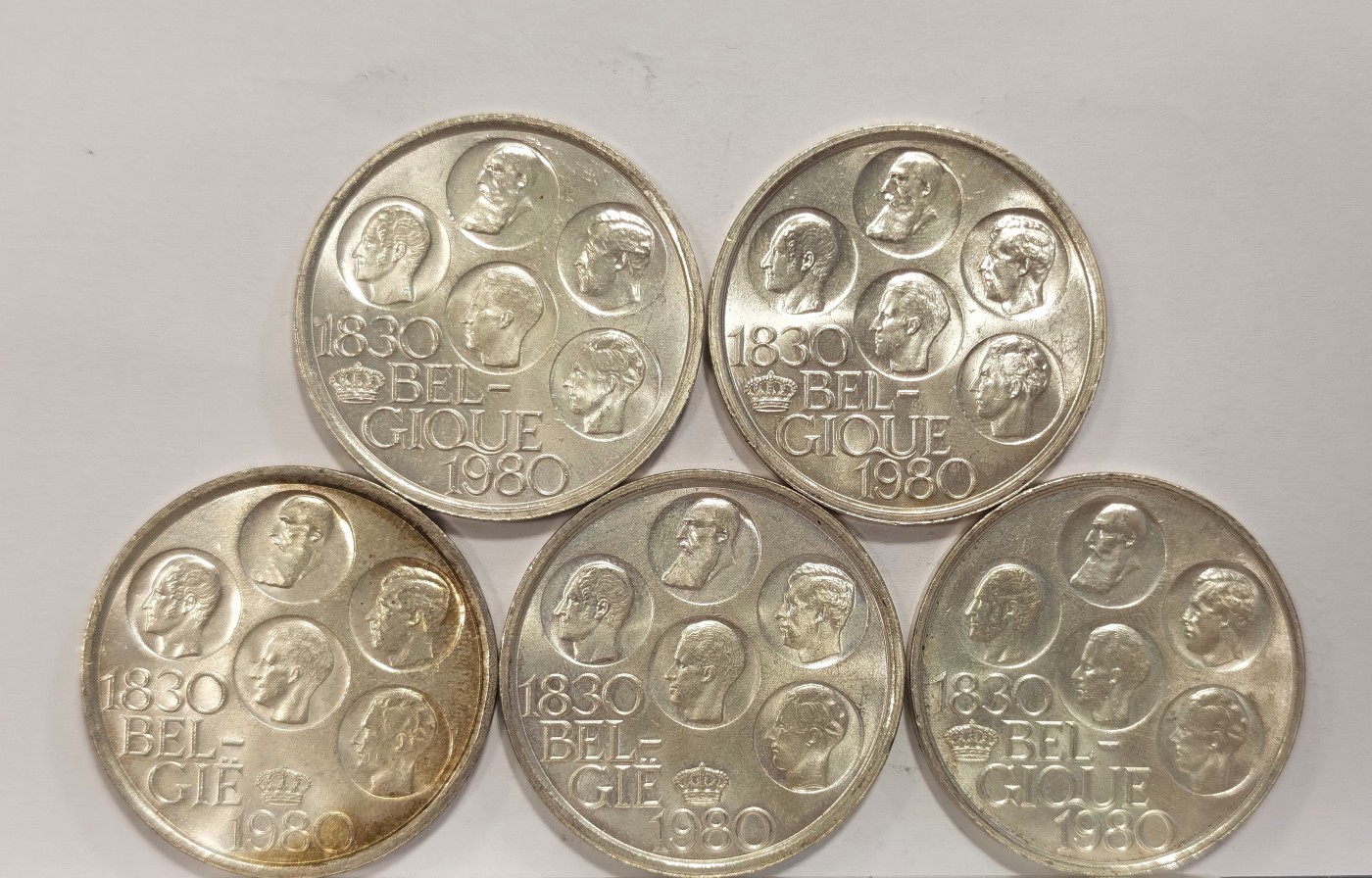 博洋堂世界钱币拍卖第036期（全场包邮） 比利时1980年建国150周年500法郎纪念币5枚一组，全部老卷拆BU品相，光度强烈细节一流