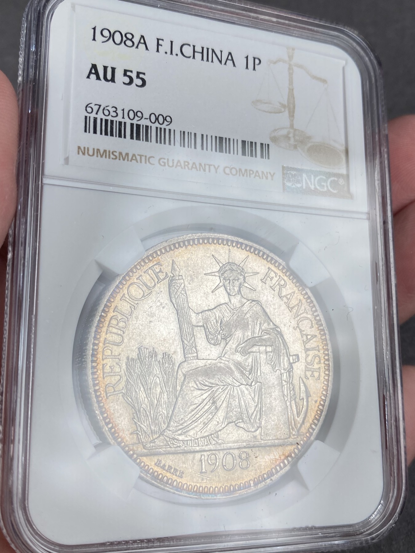 万国钱币拍卖第013期（视频直播专场） NGC AU55 1908年法属印支1皮阿斯特大银币 环金彩