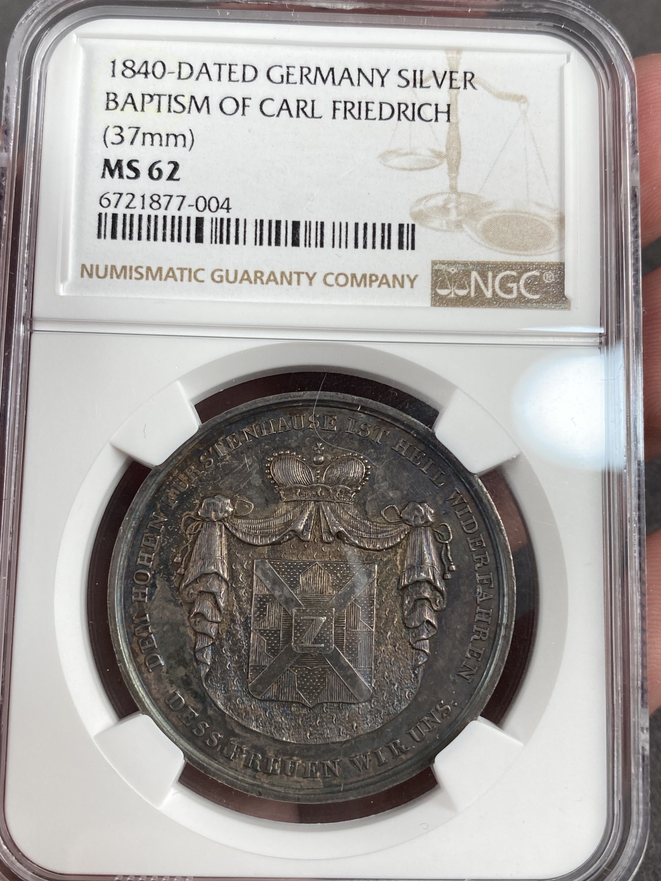 万国钱币拍卖第013期（视频直播专场） NGC MS62 1840年德国卡尔.弗雷德里希洗礼银章，原味黑彩。