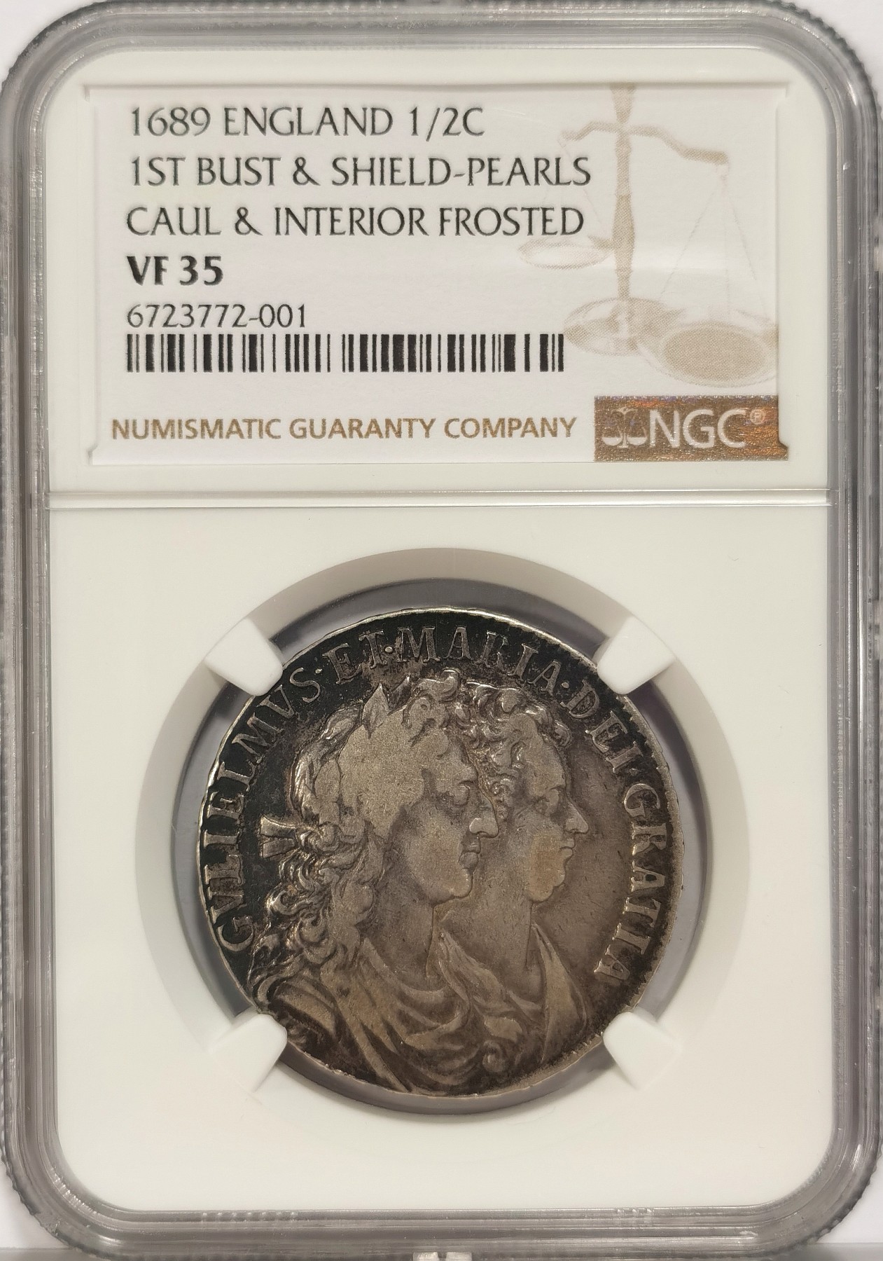 博洋堂世界钱币拍卖第036期（全场包邮） NGC VF35 英国1689年威廉玛丽半克朗银币，稀有品种，双王经典设计，传世原味老包浆，英国老藏家回流，cabinet醇厚黑彩