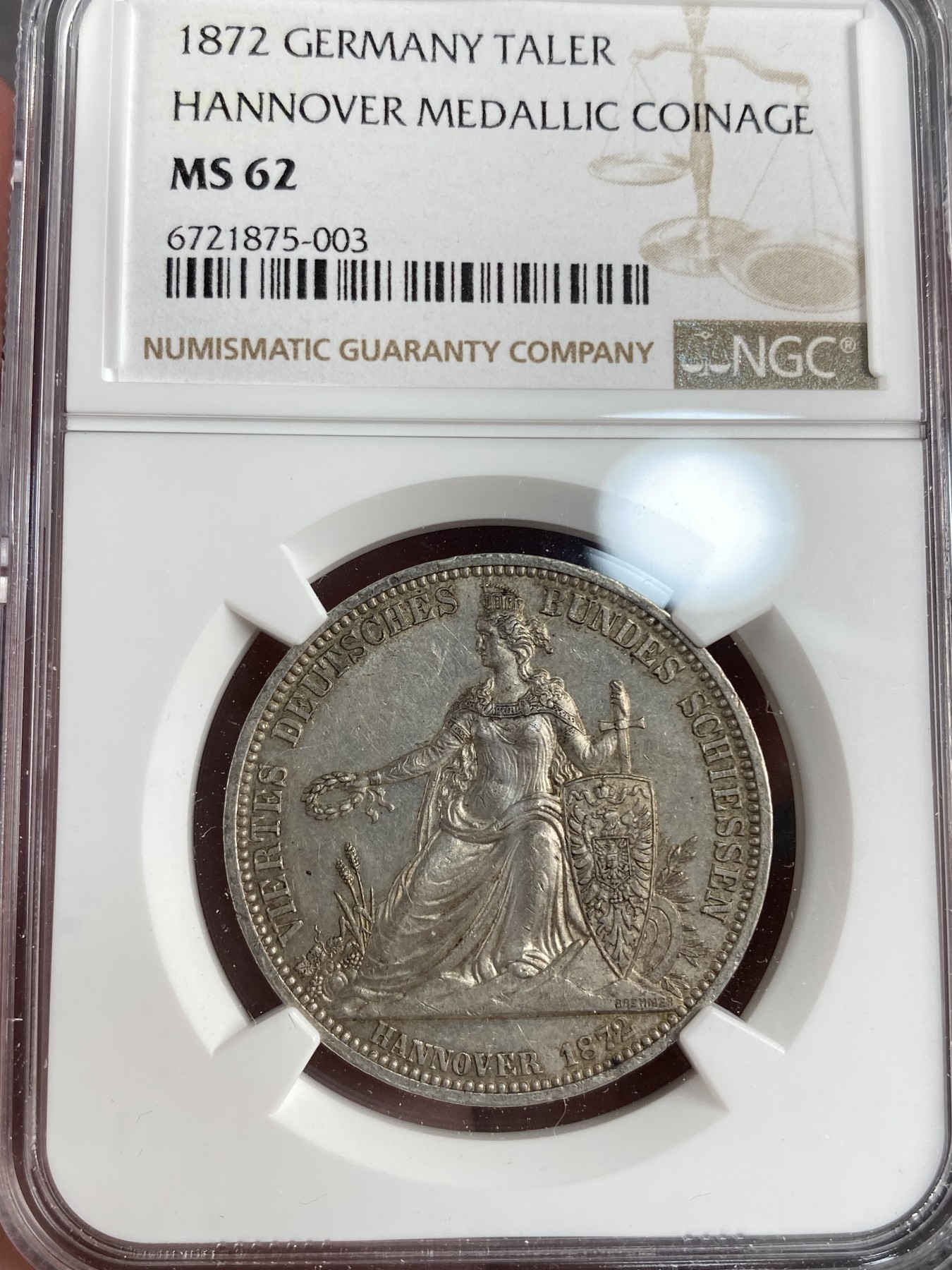 万国钱币拍卖第013期（视频直播专场） NGC MS62 1872年德国汉诺威射击节纪念泰勒型银章 可以说是最后的1泰勒