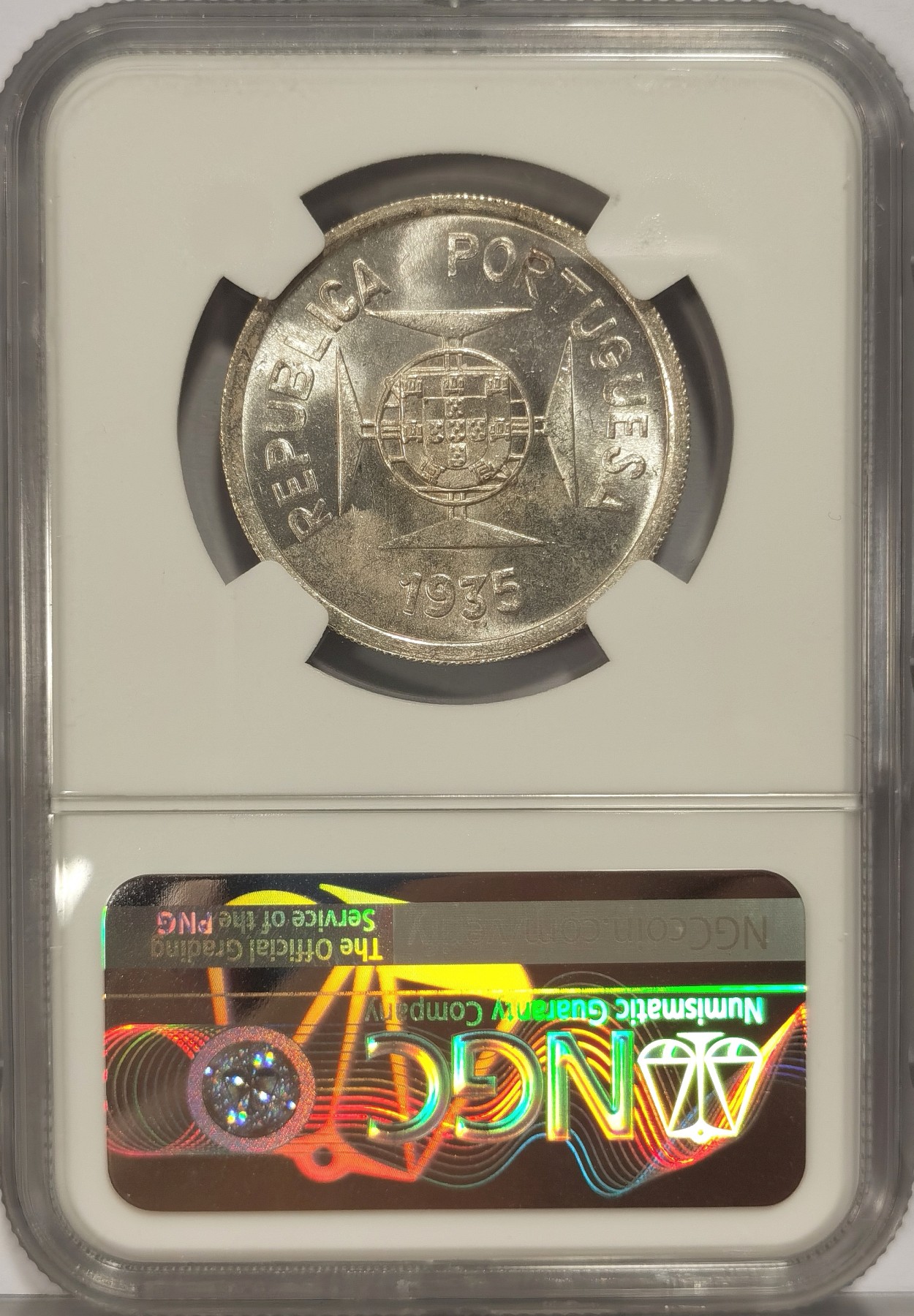 博洋堂世界钱币拍卖第036期（全场包邮） NGC MS64 葡属印度1935年卢比银币，少见品种，底板镜面感强，霜光强烈，值得自藏的品相