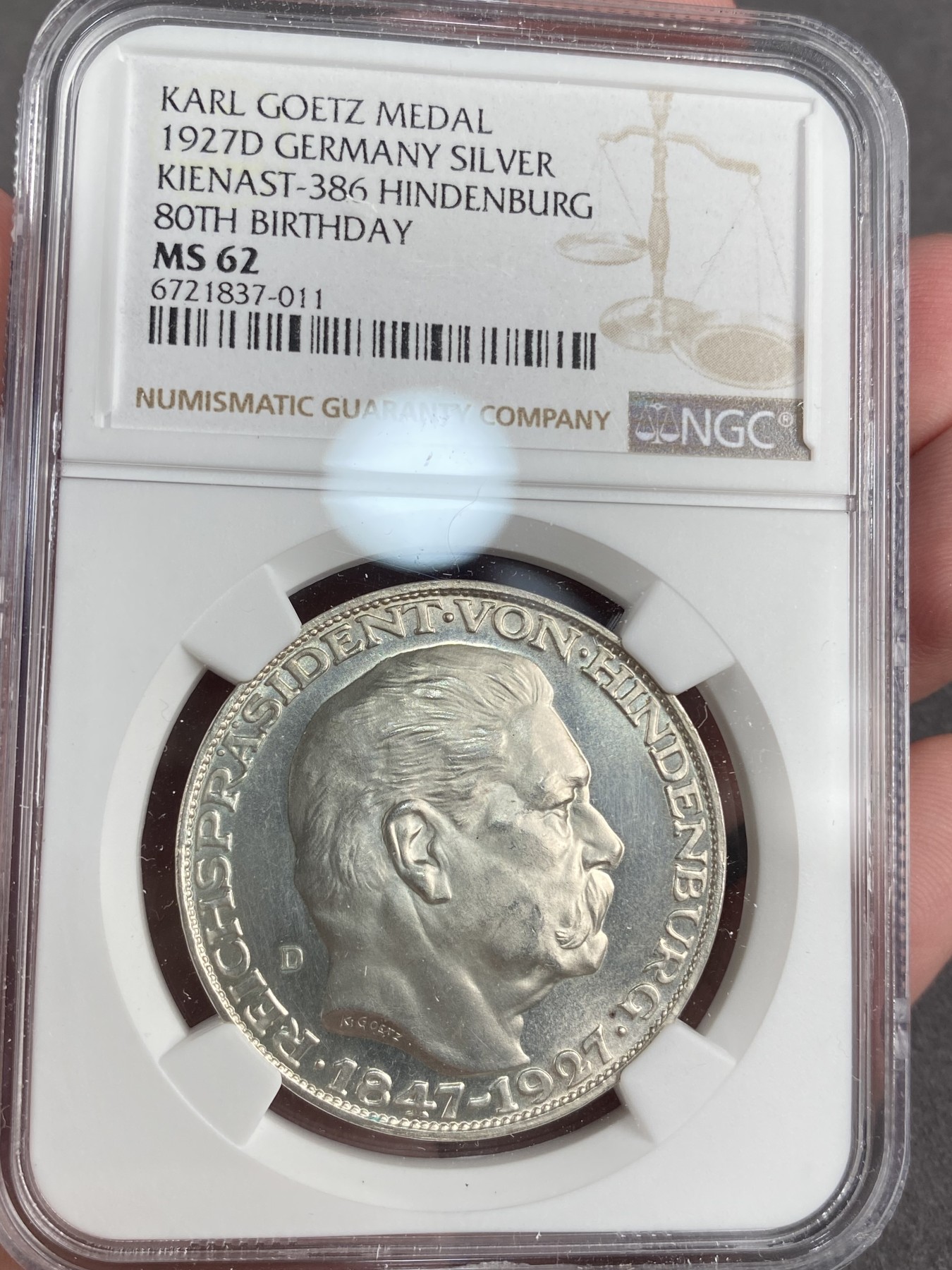 万国钱币拍卖第013期（视频直播专场） NGC MS62 1927D版德国兴登堡总统5马克币章