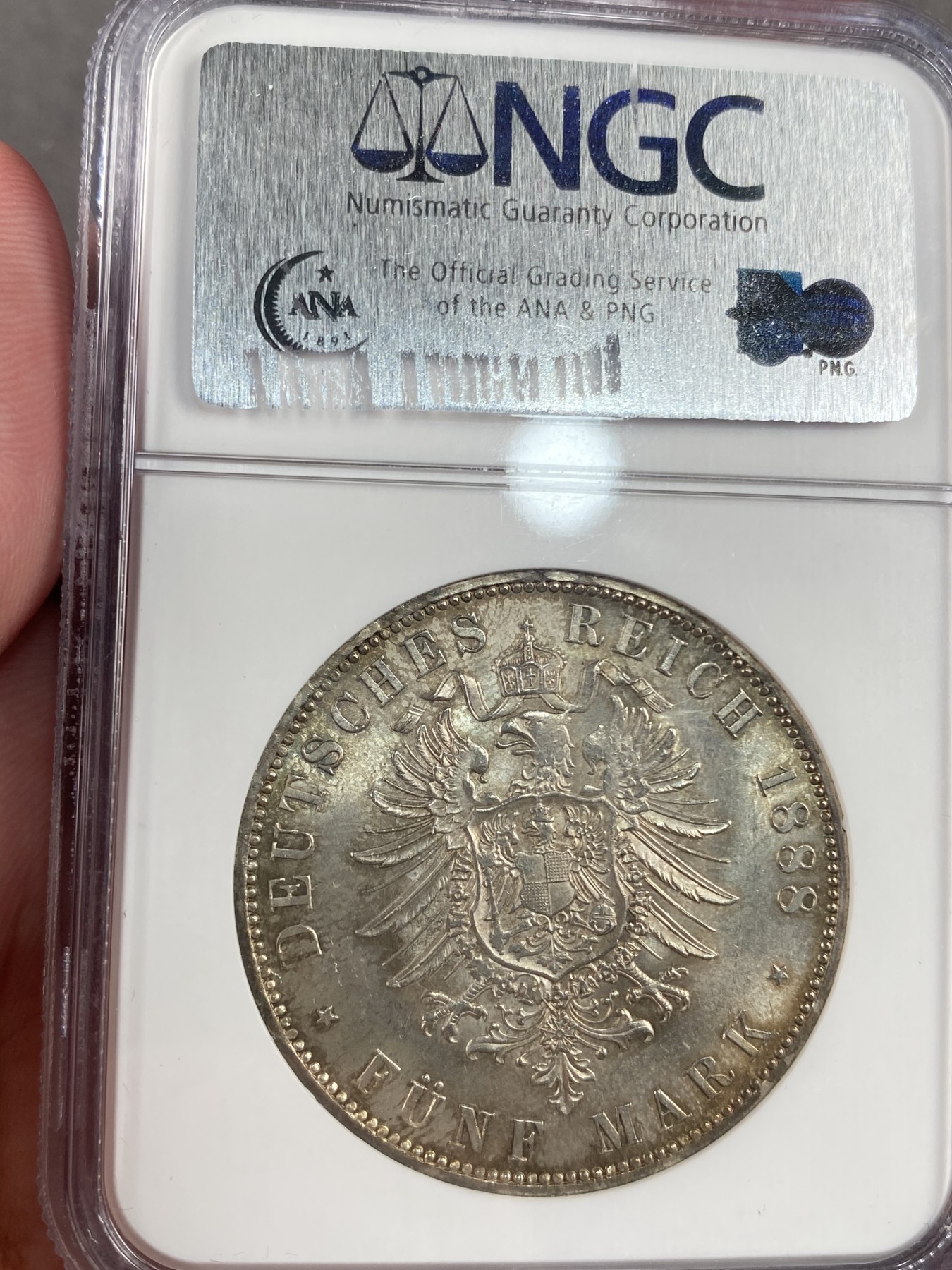 万国钱币拍卖第013期（视频直播专场） NGC MS65 1888年德国普鲁士经典三皇5马克 顶级老盒转光