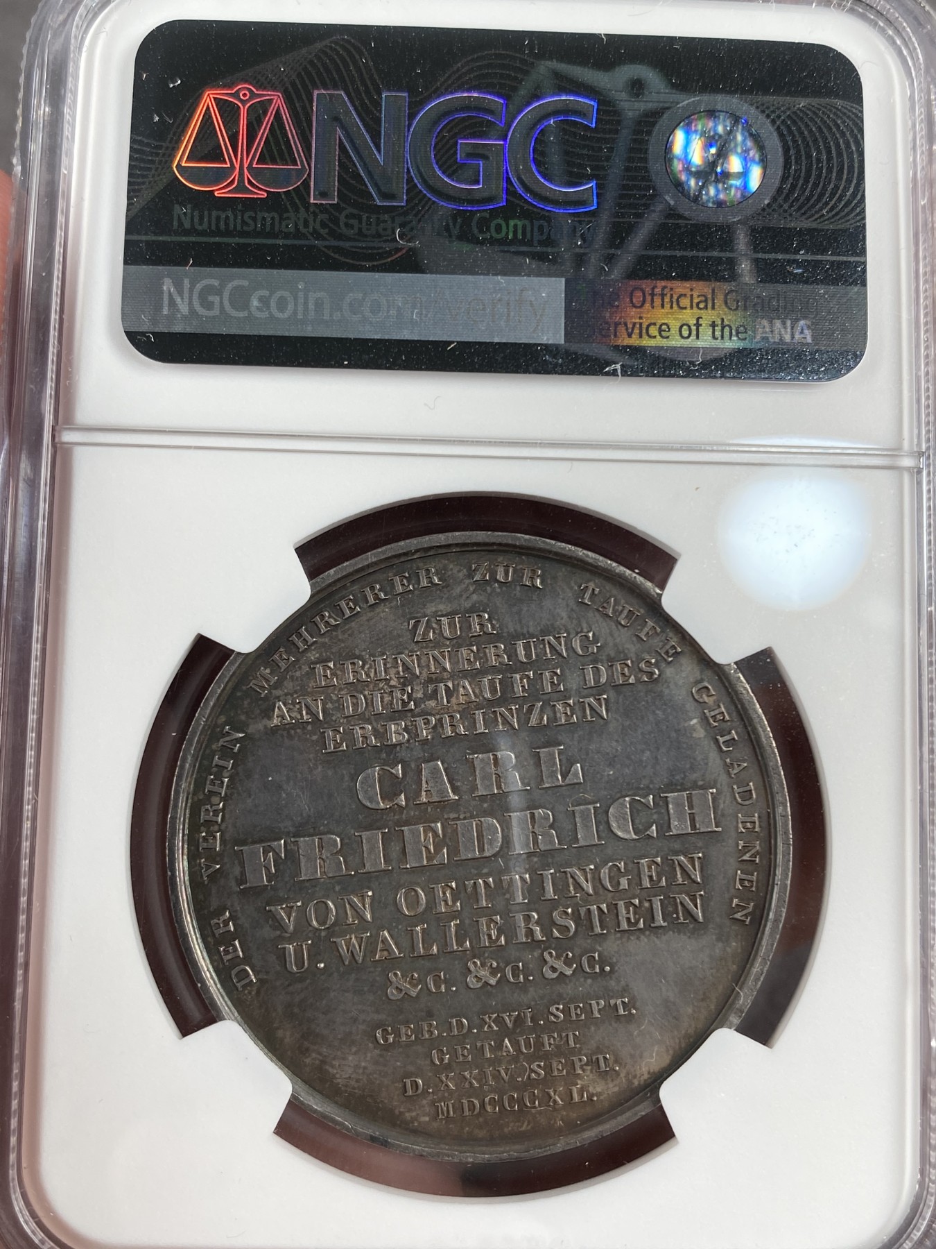 万国钱币拍卖第013期（视频直播专场） NGC MS62 1840年德国卡尔.弗雷德里希洗礼银章，原味黑彩。