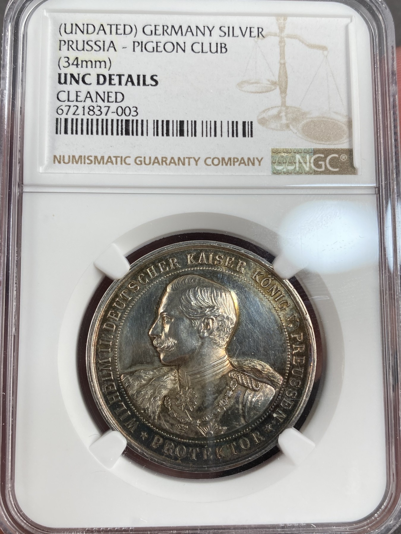 万国钱币拍卖第013期（视频直播专场） NGC UNCD 19世纪末德国威廉二世时期赛鸽纪念银章 早期少见版 高浮雕+城市景观+五彩非常值得玩味