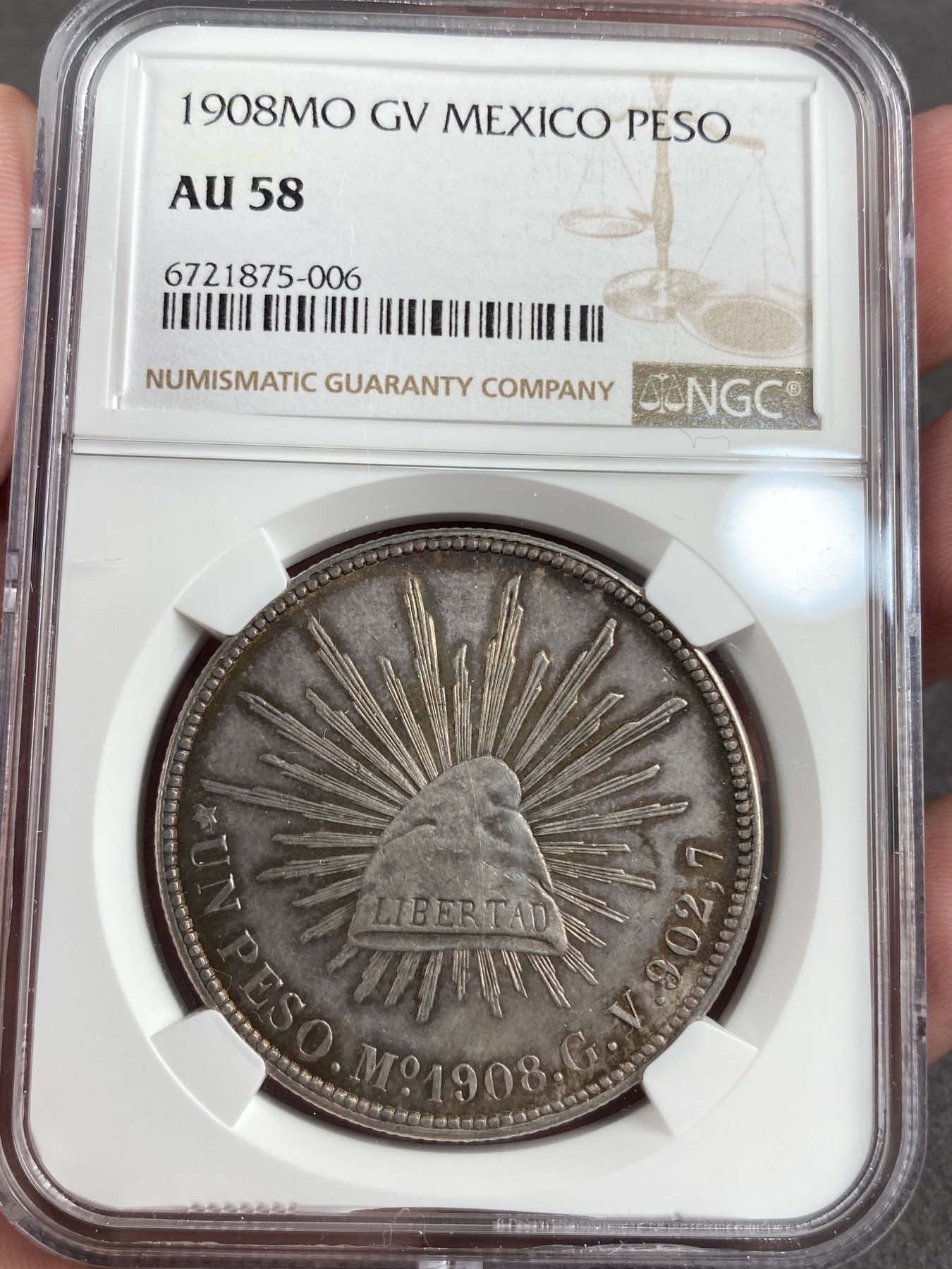 万国钱币拍卖第013期（视频直播专场） NGC AU58 1908年MO厂墨西哥8瑞尔直边鹰洋大银币