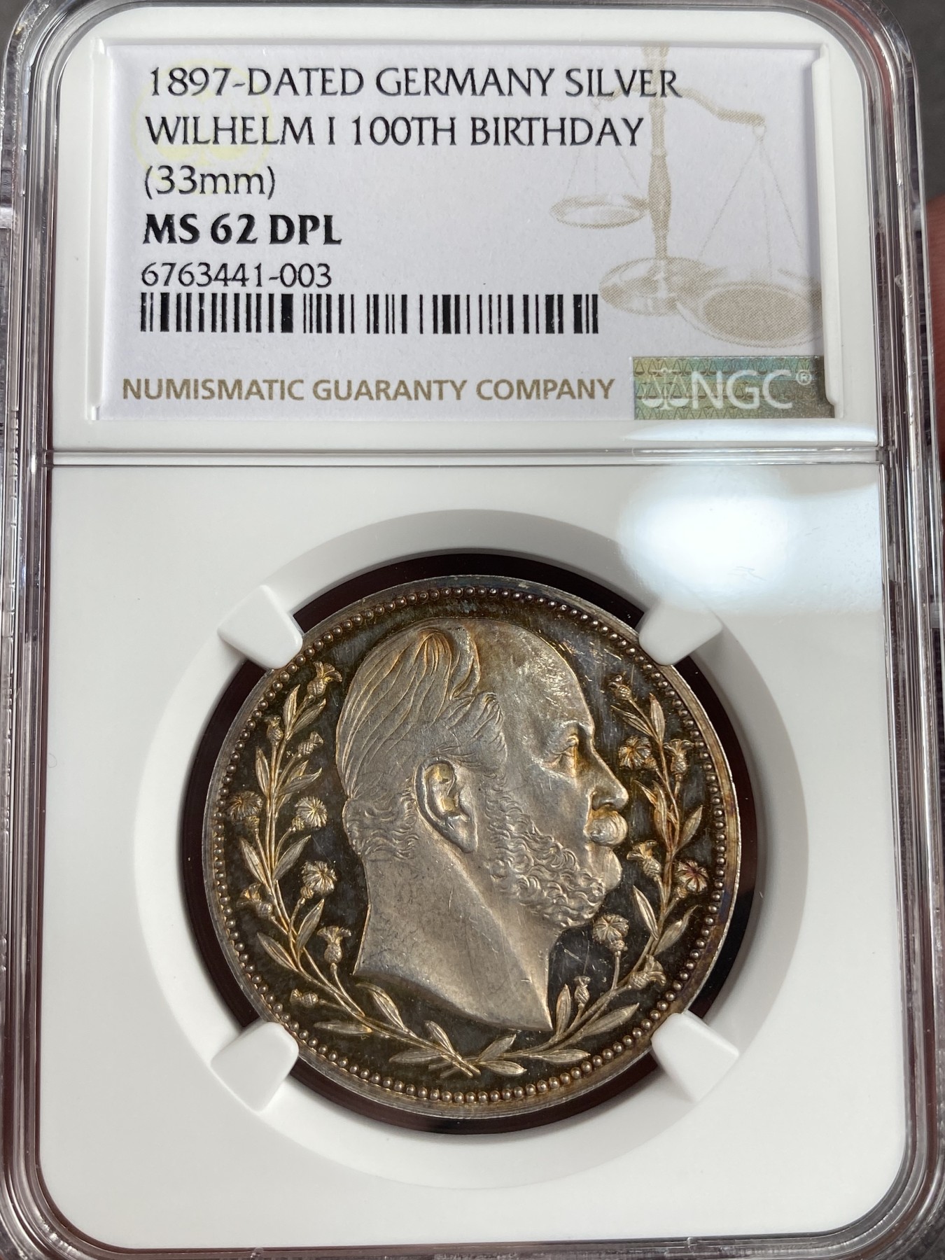 万国钱币拍卖第013期（视频直播专场） NGC MS62DPL 1897年德国威廉一世诞辰100周年纪念银章 通体金彩深度镜面