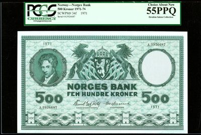【Blue Auction】✨世界纸币精拍第350期——周日畅拍场【精】 - 【世界顶级藏家旧藏 品质无忧】挪威 1971年500克朗 “帅哥”数学家阿贝尔 PCGS绿标55EPQ原票 状态极佳 超大票幅 非常精美 