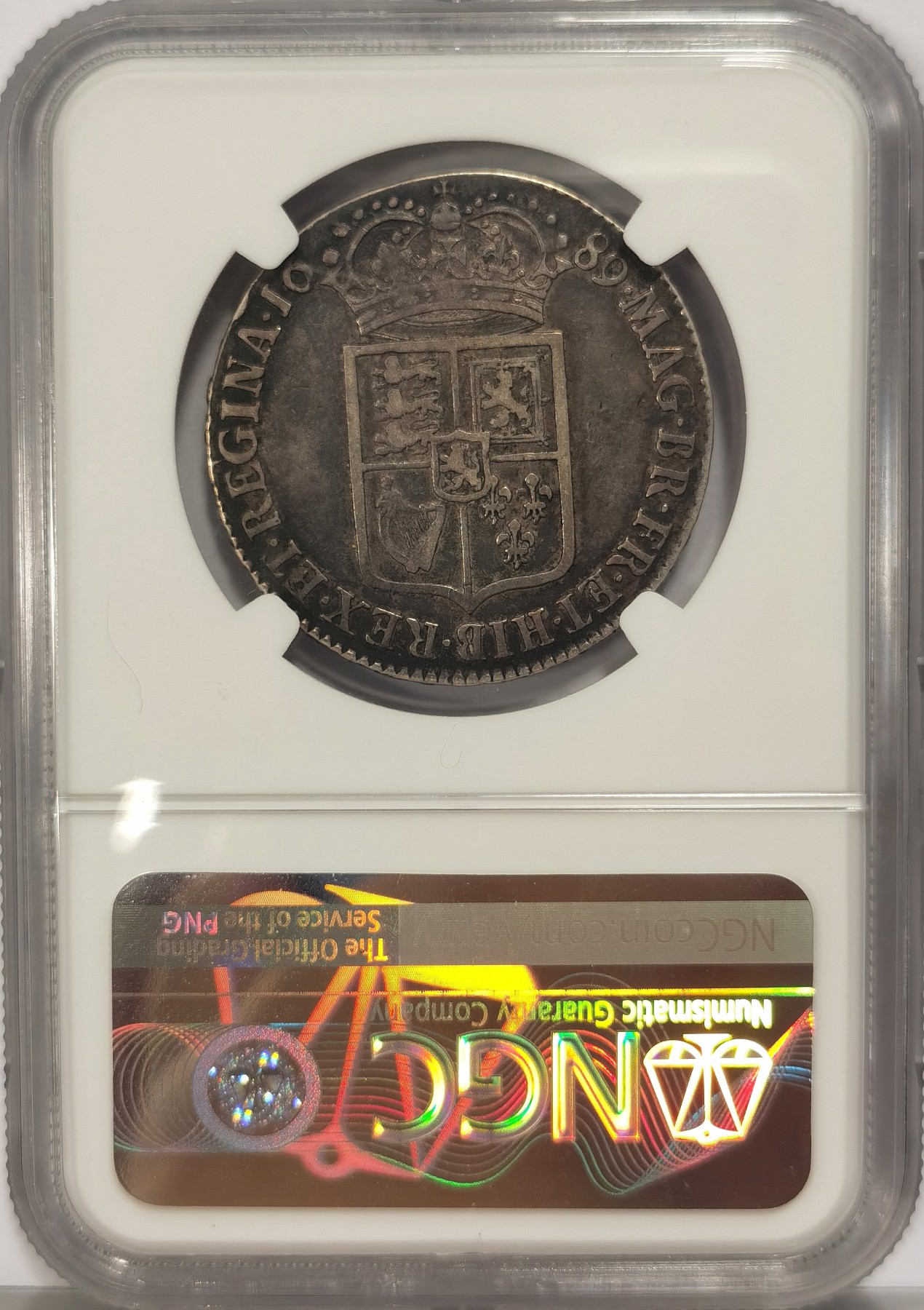 博洋堂世界钱币拍卖第036期（全场包邮） NGC VF35 英国1689年威廉玛丽半克朗银币，稀有品种，双王经典设计，传世原味老包浆，英国老藏家回流，cabinet醇厚黑彩
