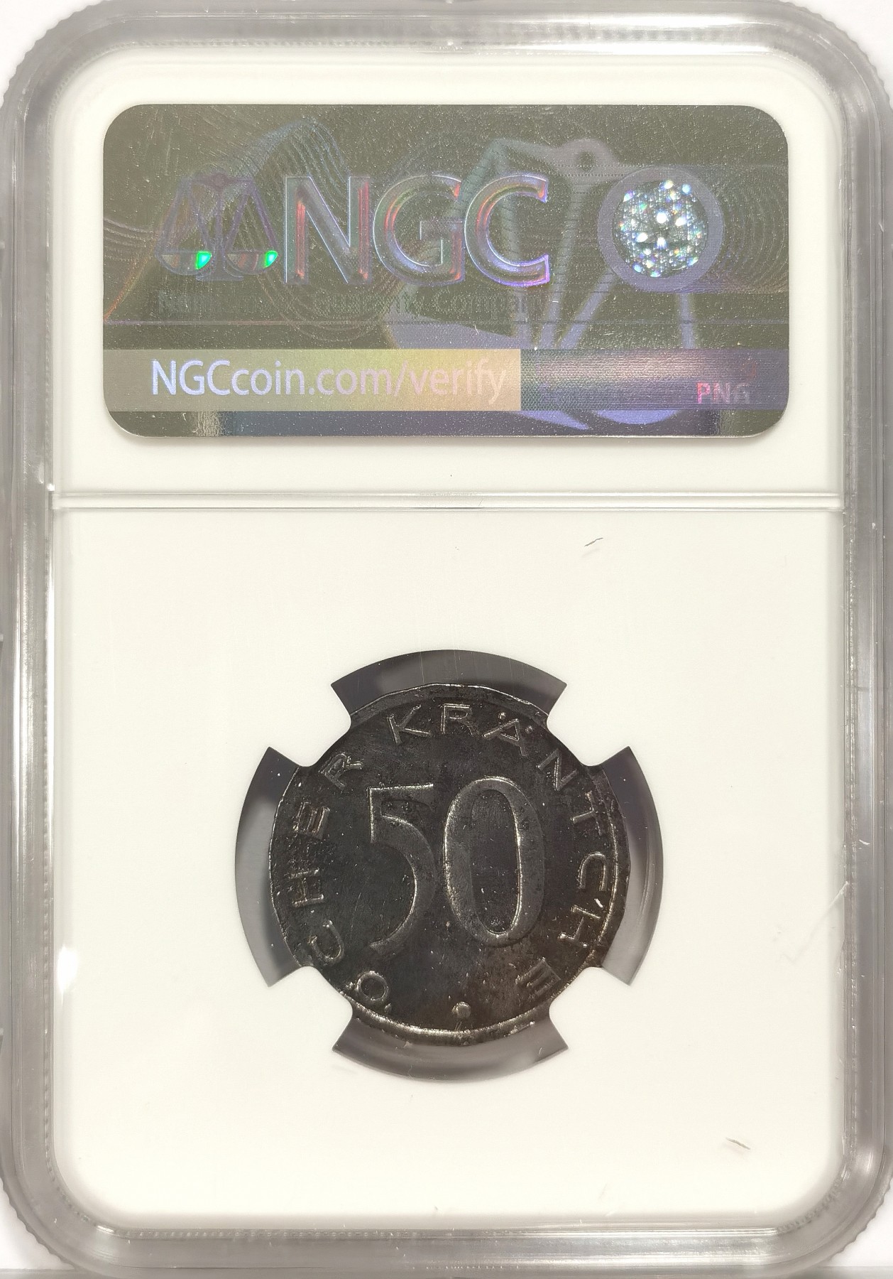 博洋堂世界钱币拍卖第036期（全场包邮） NGC UNC 德紧亚琛鹰头50芬尼铁币，严评，传世铁黑包浆，鹰头经典设计威风凛凛，无明显清洗痕迹