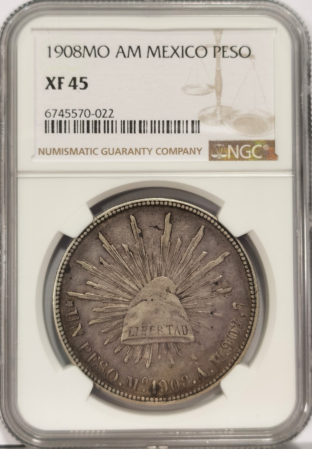 博洋堂世界钱币拍卖第036期（全场包邮） NGC XF45 墨西哥1908年MO AM版直边鹰洋