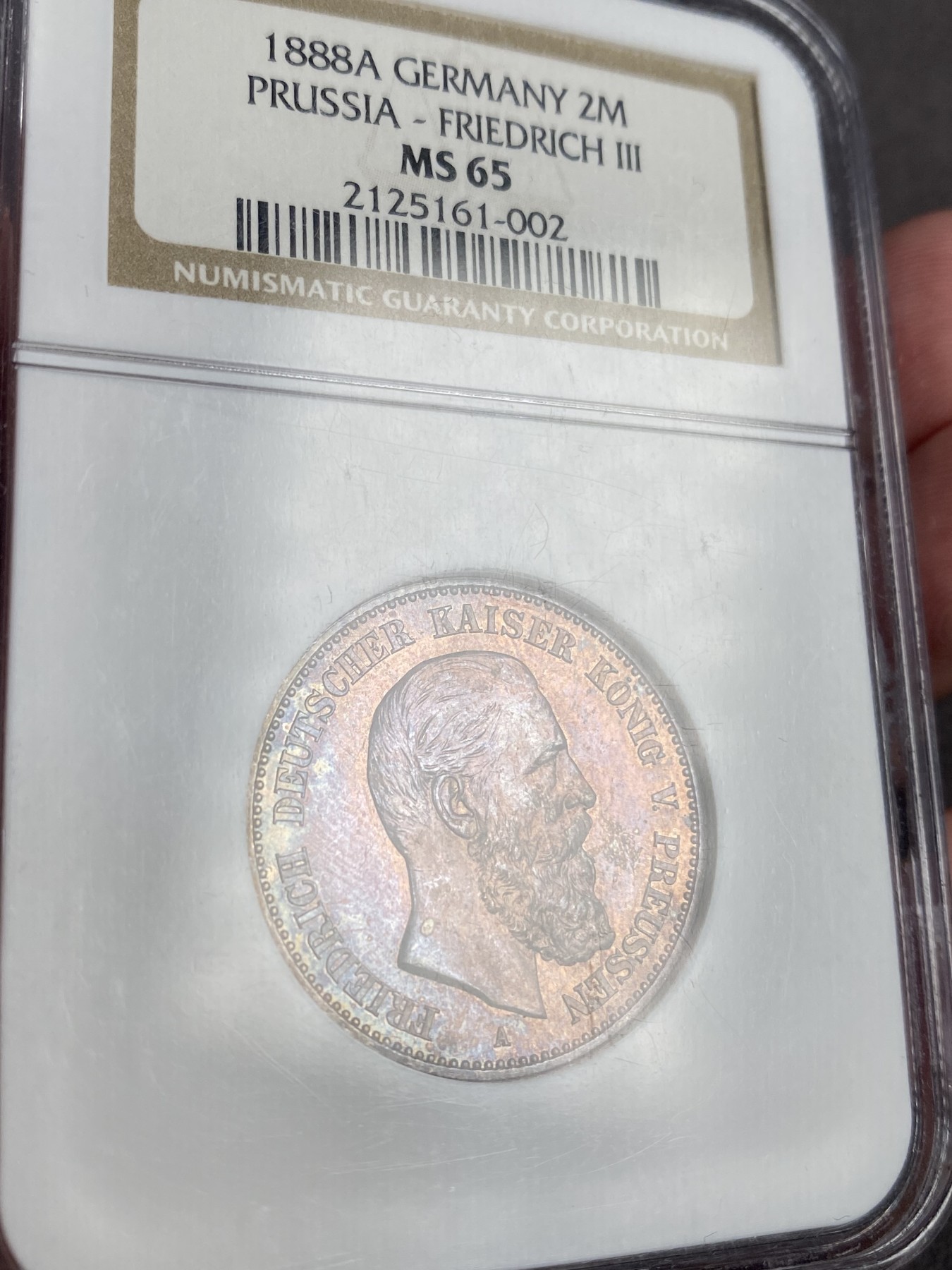 万国钱币拍卖第013期（视频直播专场） NGC MS65 1888年德国普鲁士经典三皇2马克 顶级幻彩