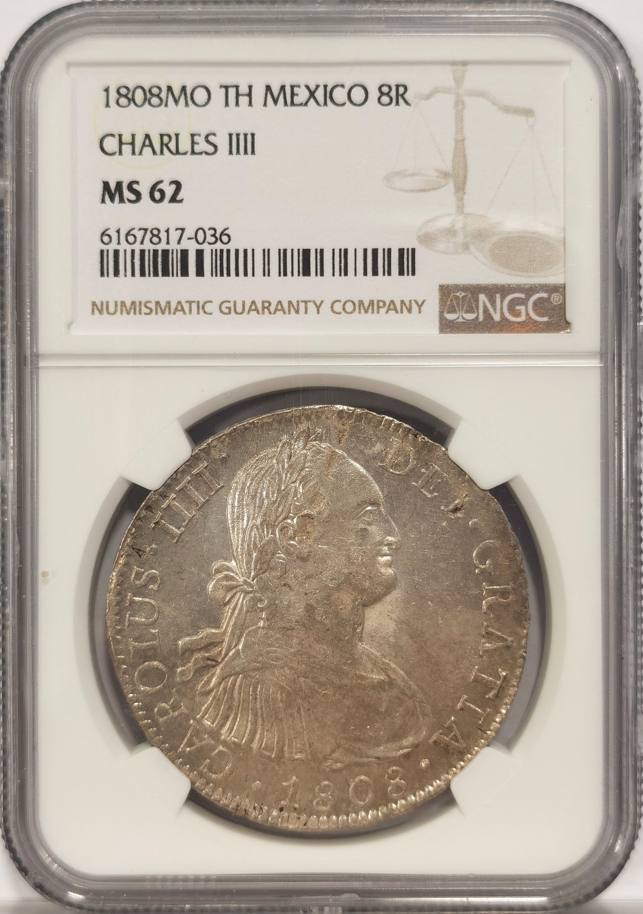 博洋堂世界钱币拍卖第036期（全场包邮） NGC MS62 西属1808年墨西哥卡洛斯四世双柱大银币