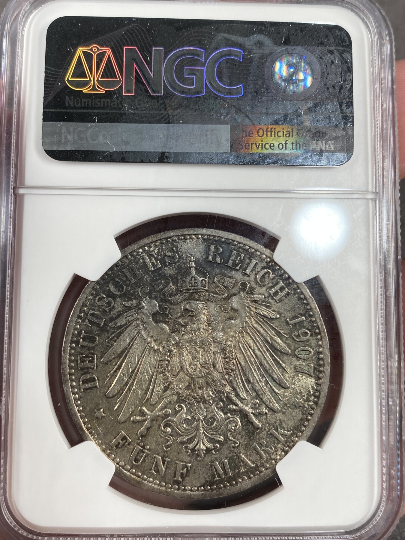 万国钱币拍卖第013期（视频直播专场） NGC AU58 1907年德国普鲁士威廉二世长翅流通5马克 流通及其充分的品种，有分不易，重五彩带转光