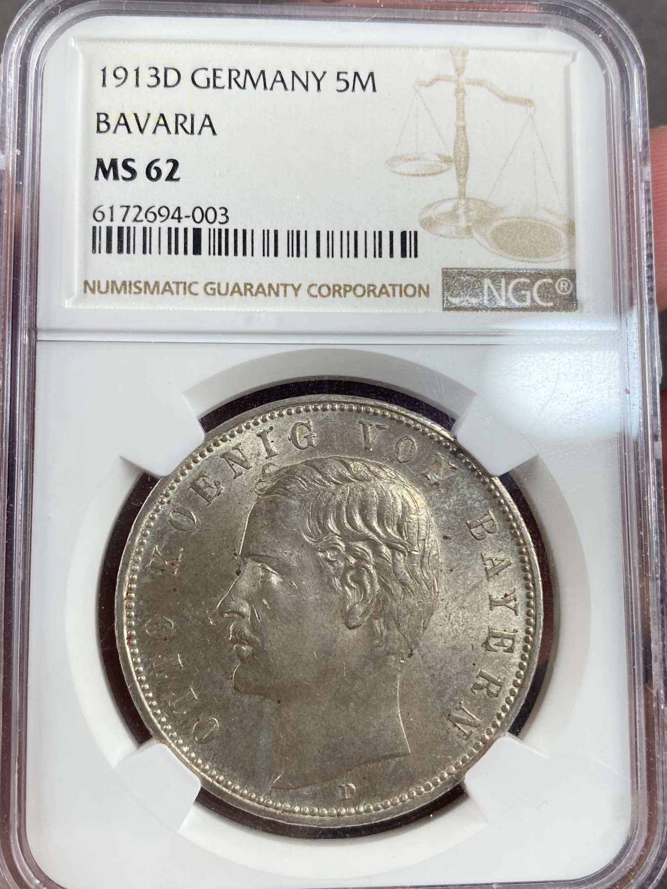 万国钱币拍卖第013期（视频直播专场） NGC MS62 德国1913年巴伐利亚奥托5马克，转光状态，流通版好品难得。