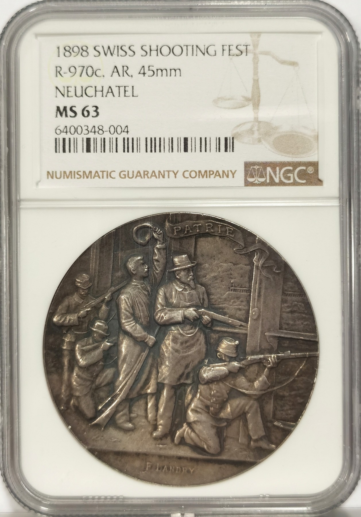 博洋堂世界钱币拍卖第036期（全场包邮） NGC MS63 瑞士1898年纳沙泰尔射击节大银章，经典的背面设计