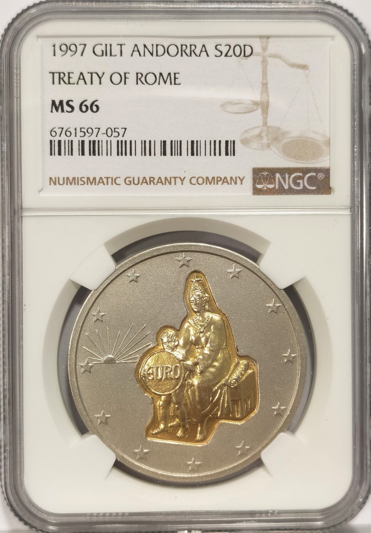博洋堂世界钱币拍卖第036期（全场包邮） NGC MS66 安道尔1997年罗马条约20第纳尔嵌金银币，NGC季军分，1.6克917金，5000枚