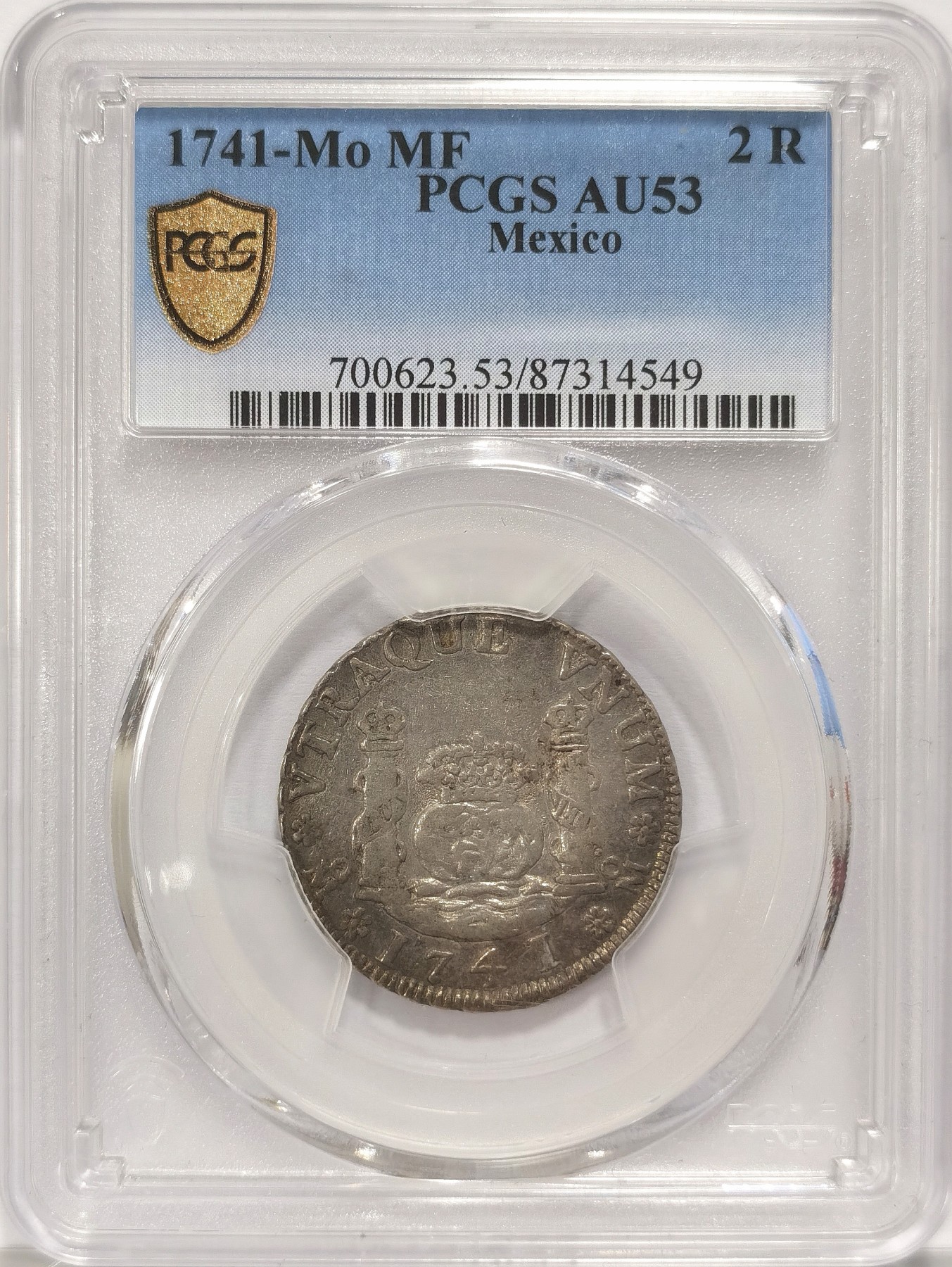 博洋堂世界钱币拍卖第036期（全场包邮） PCGS AU53 墨西哥1741年菲利普五世地球双柱2瑞尔 冠军分！