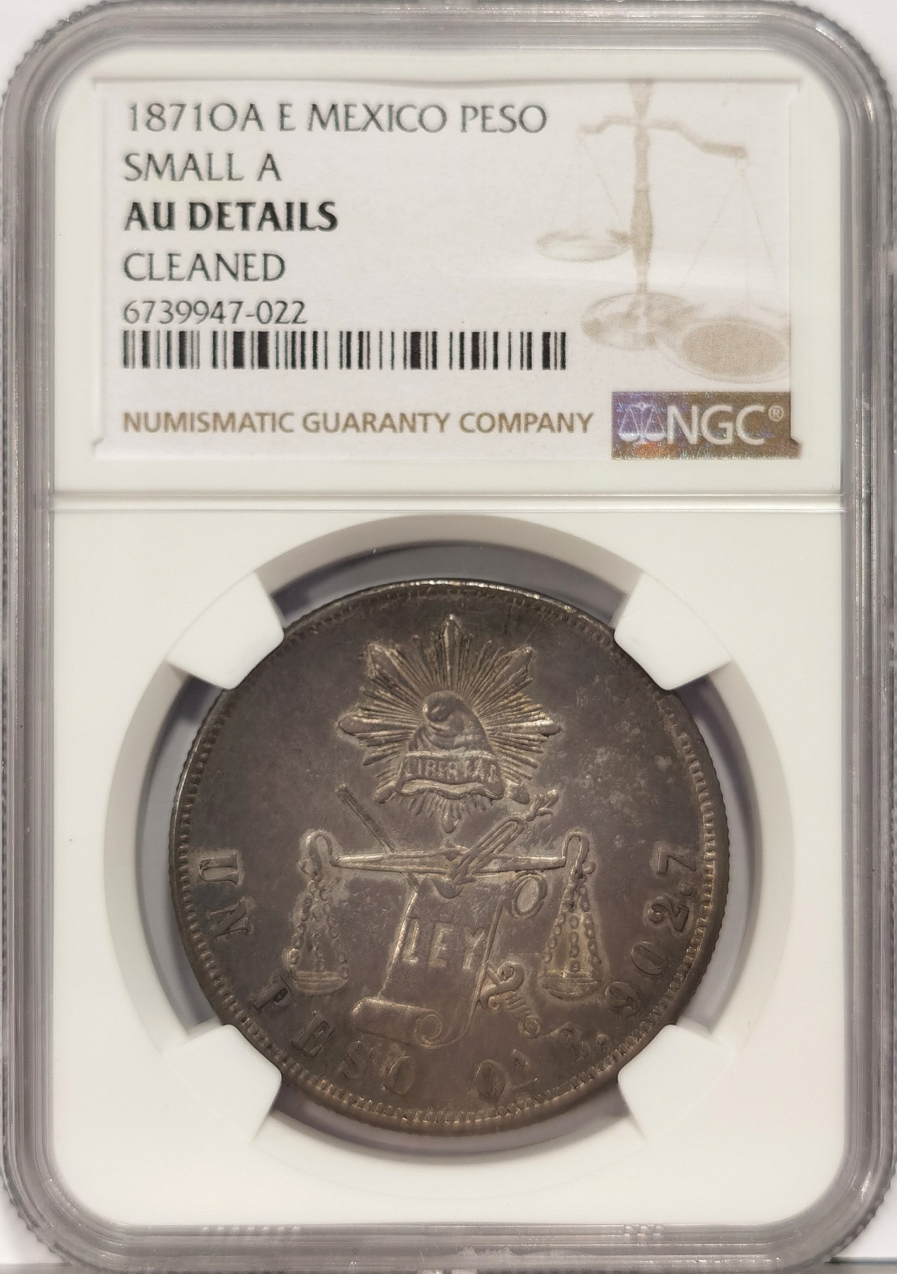 博洋堂世界钱币拍卖第036期（全场包邮） NGC AU 墨西哥1871年OA E版天平鹰洋，小A版，包浆漂亮