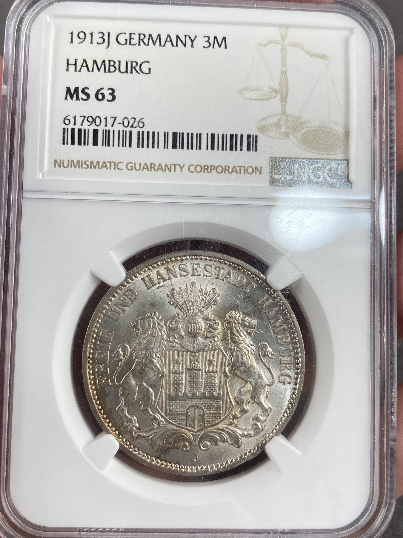 万国钱币拍卖第013期（视频直播专场） NGC MS63 1913年德国汉堡自由市3马克，转光好品，收藏级分数。