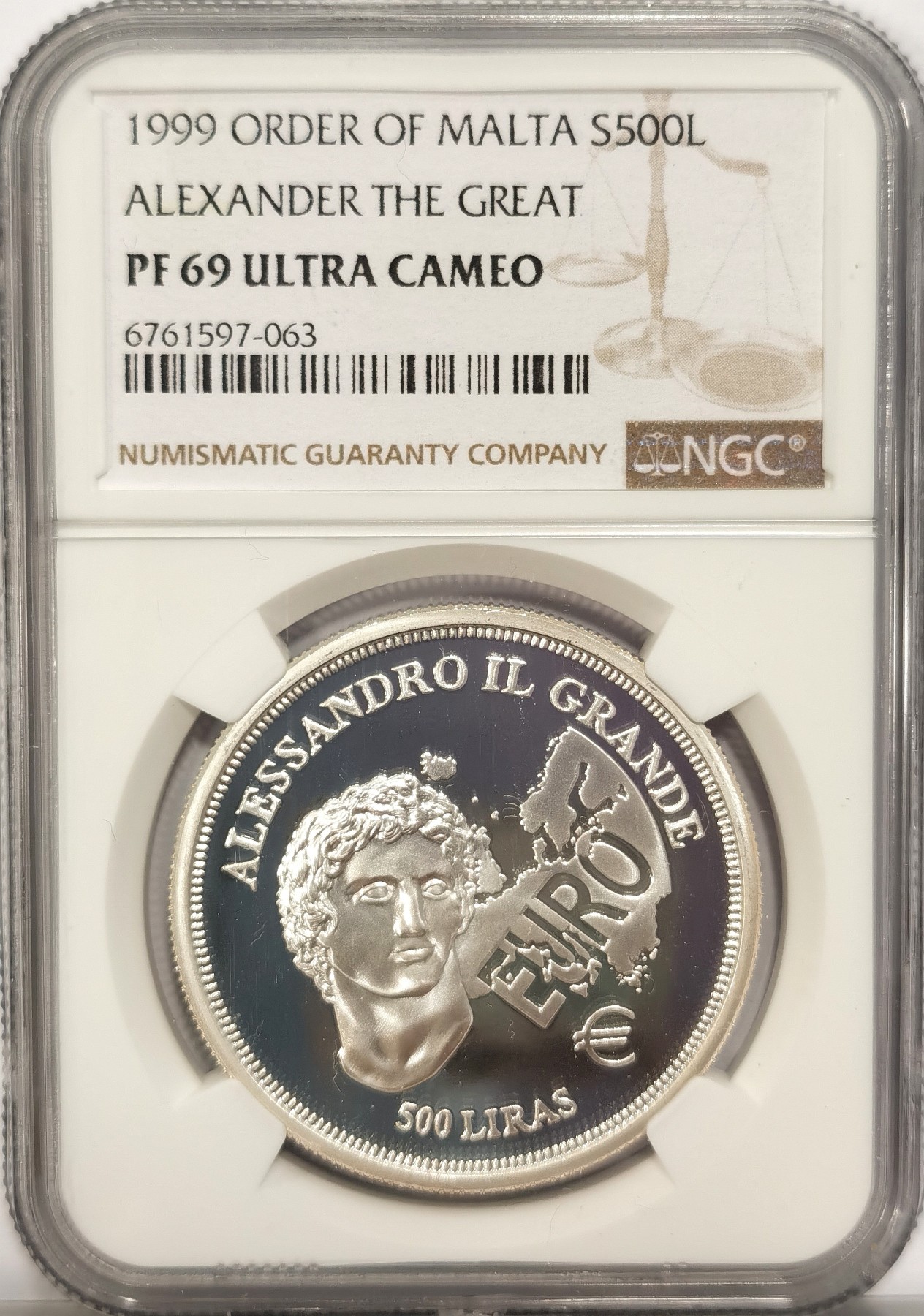 博洋堂世界钱币拍卖第036期（全场包邮） 珍稀币！NGC PF69UC 马耳他1999年亚历山大大帝500里拉精制银币，NGC唯一冠军分