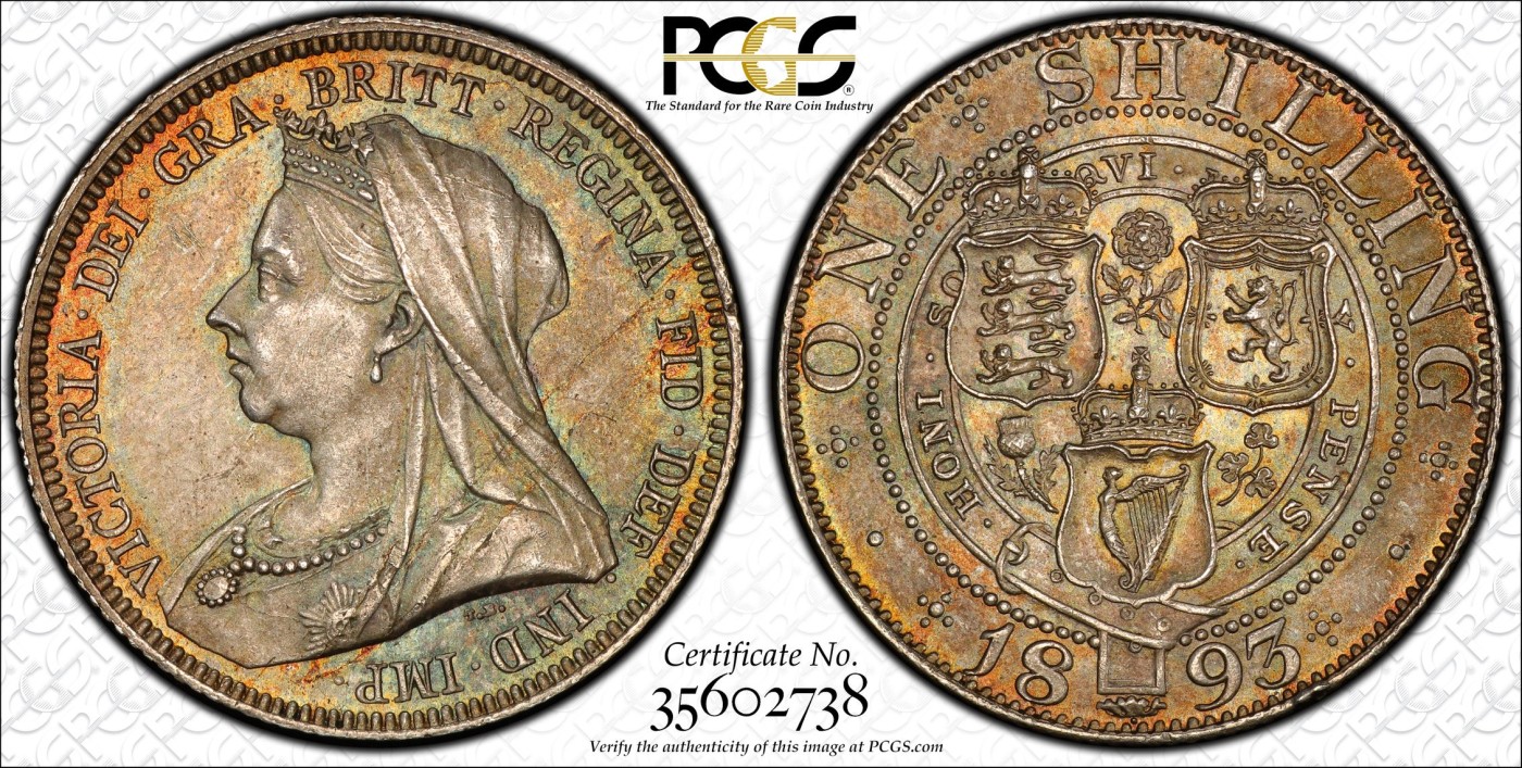 博洋堂世界钱币拍卖第036期（全场包邮） PCGS MS64 英国1893年维多利亚披纱一先令银币，双面五彩，美不胜收的一颗，值得收藏