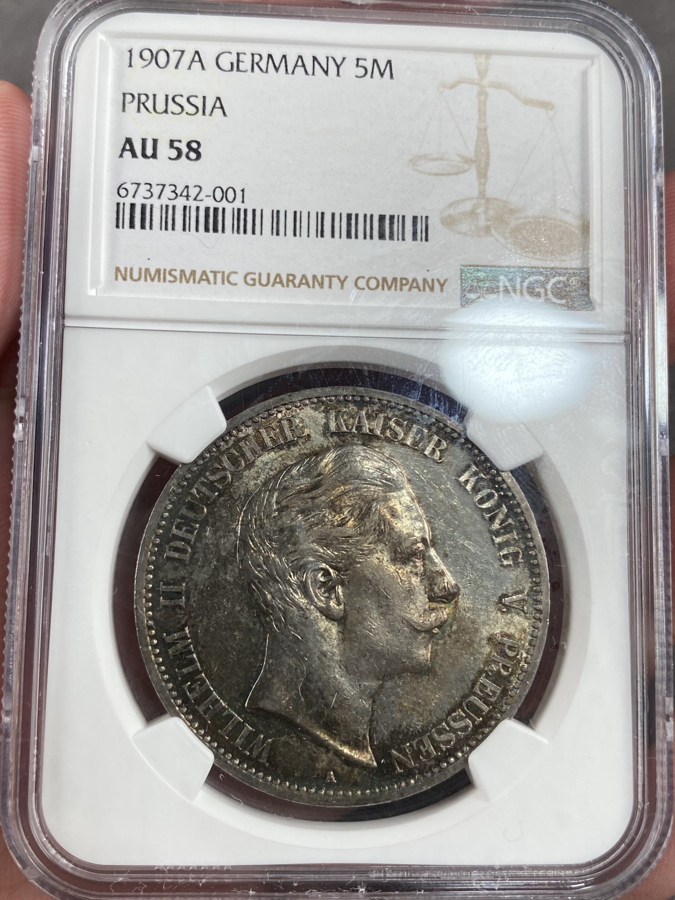 万国钱币拍卖第013期（视频直播专场） NGC AU58 1907年德国普鲁士威廉二世长翅流通5马克 流通及其充分的品种，有分不易，重五彩带转光