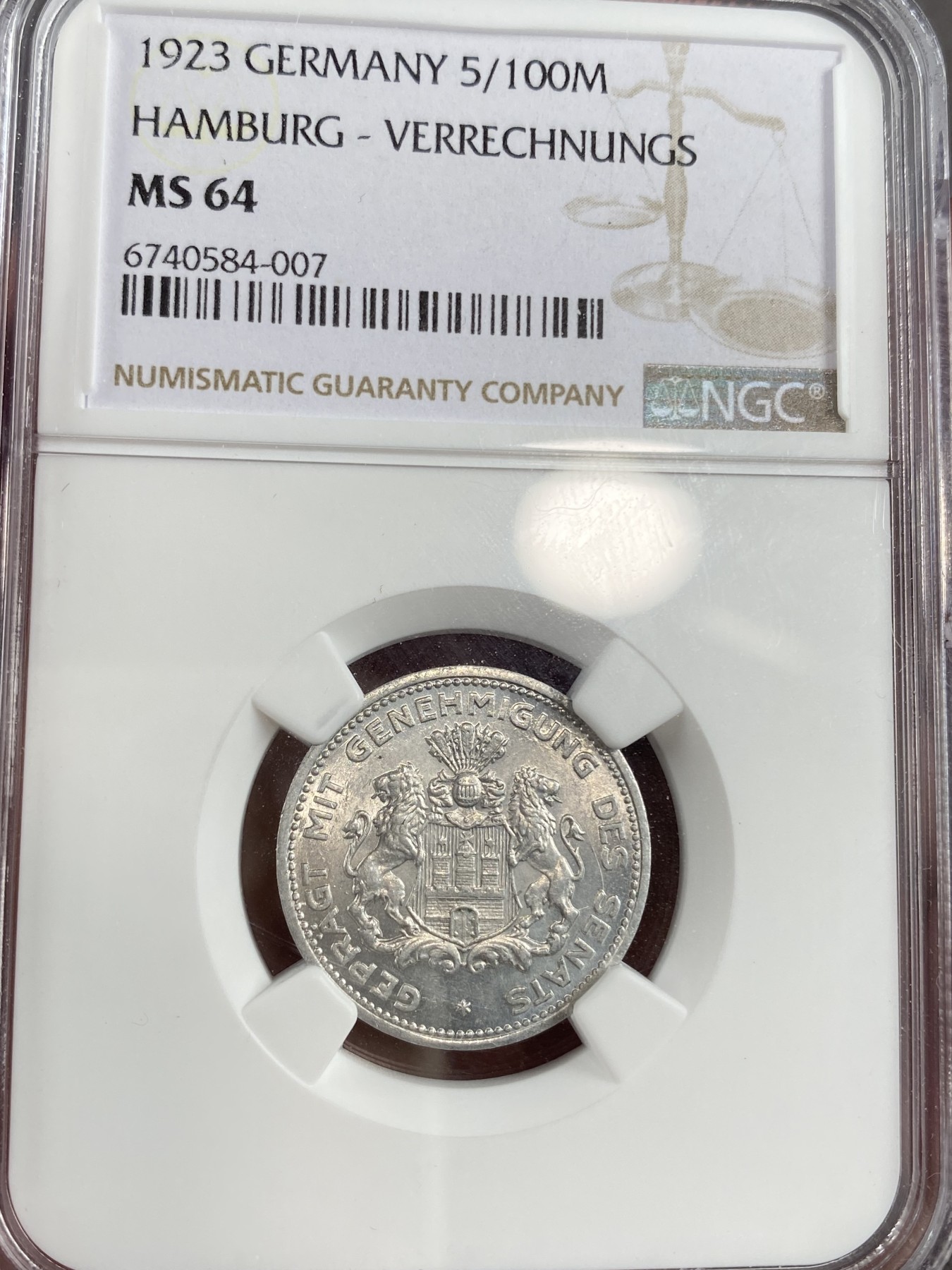 万国钱币拍卖第013期（视频直播专场） 一组三枚罕见德国紧急状态贸易结算马克、1923年NGC-MS63 10万马克1/10Million（1/10M）更高分仅2枚、1923年NGC-MS64 5万马克5/100Million（1/100M）、1923年NGC-MS62 1万马克1/100Million（1/100M）汉堡自由市紧急贸易结算货币收藏一步到位