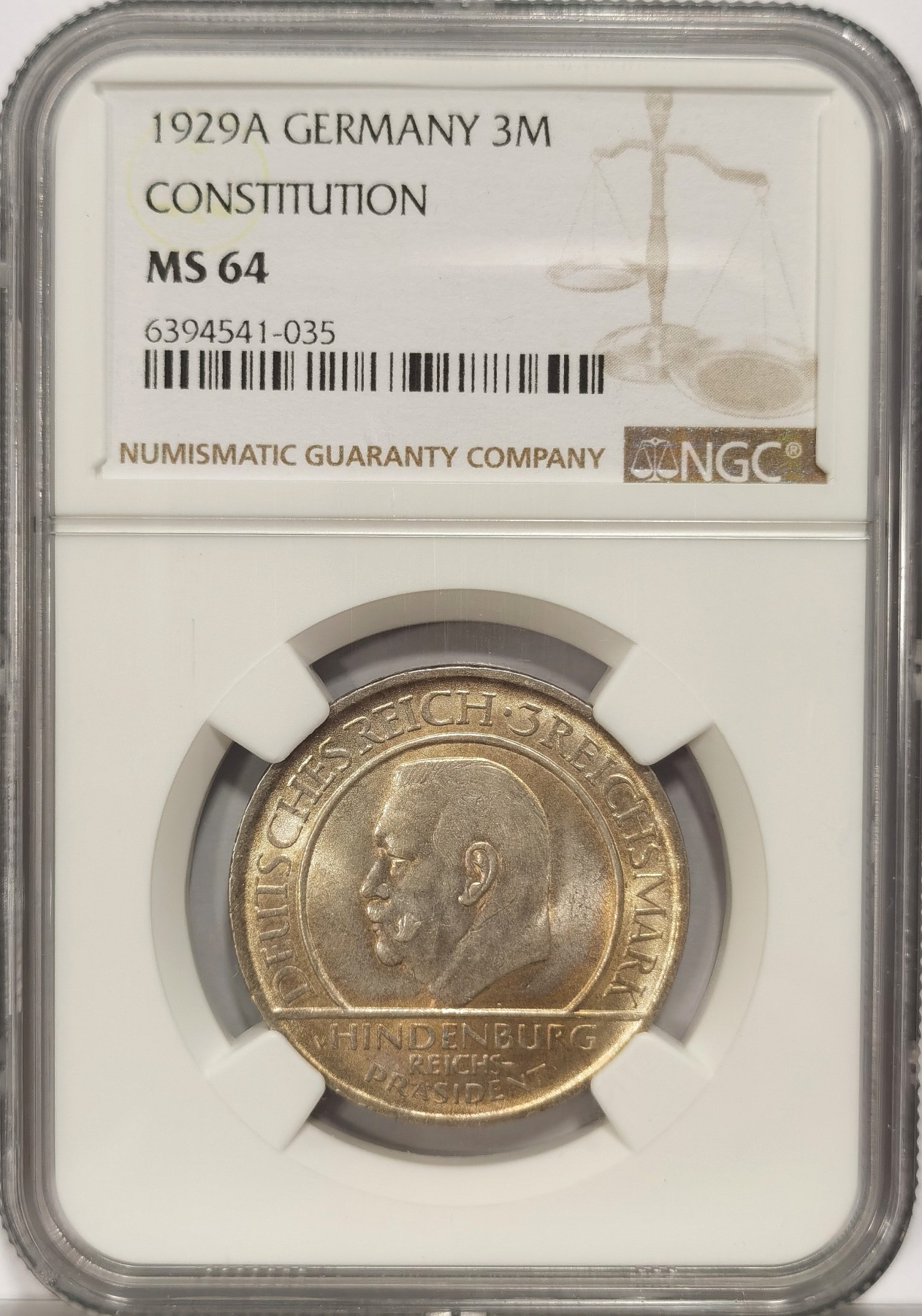 博洋堂世界钱币拍卖第036期（全场包邮） NGC MS64 1929A德国魏玛时期宪法3马克银币