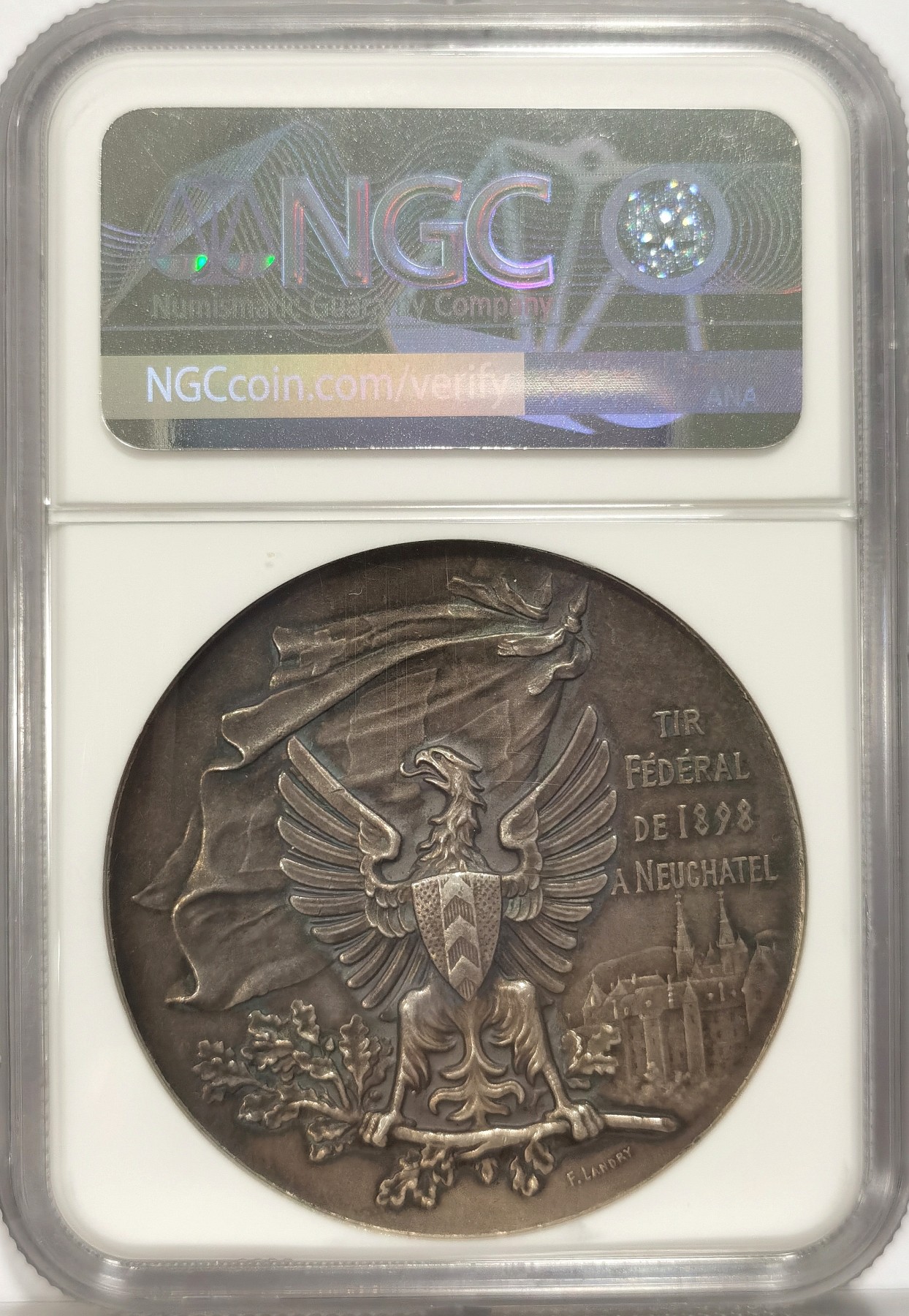 博洋堂世界钱币拍卖第036期（全场包邮） NGC MS63 瑞士1898年纳沙泰尔射击节大银章，经典的背面设计