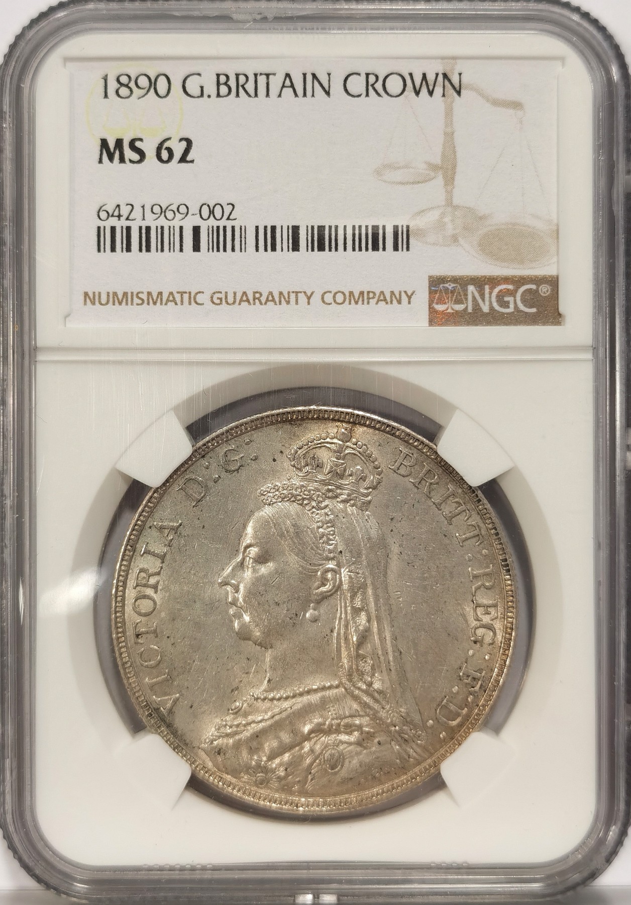 博洋堂世界钱币拍卖第036期（全场包邮） NGC MS62 英国1890年维多利亚高冠马剑1克朗大银币，不常见的年份