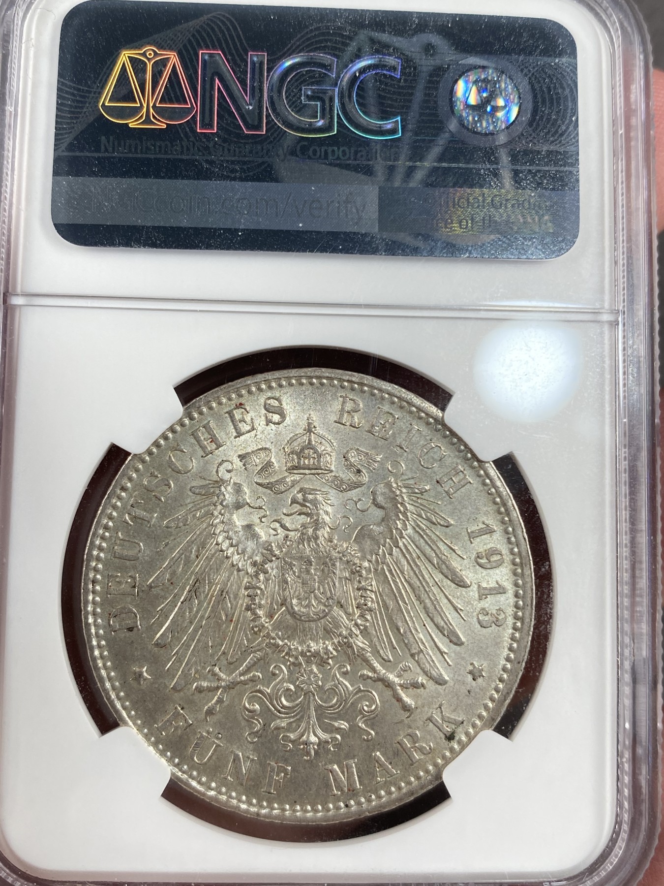 万国钱币拍卖第013期（视频直播专场） NGC MS62 德国1913年巴伐利亚奥托5马克，转光状态，流通版好品难得。