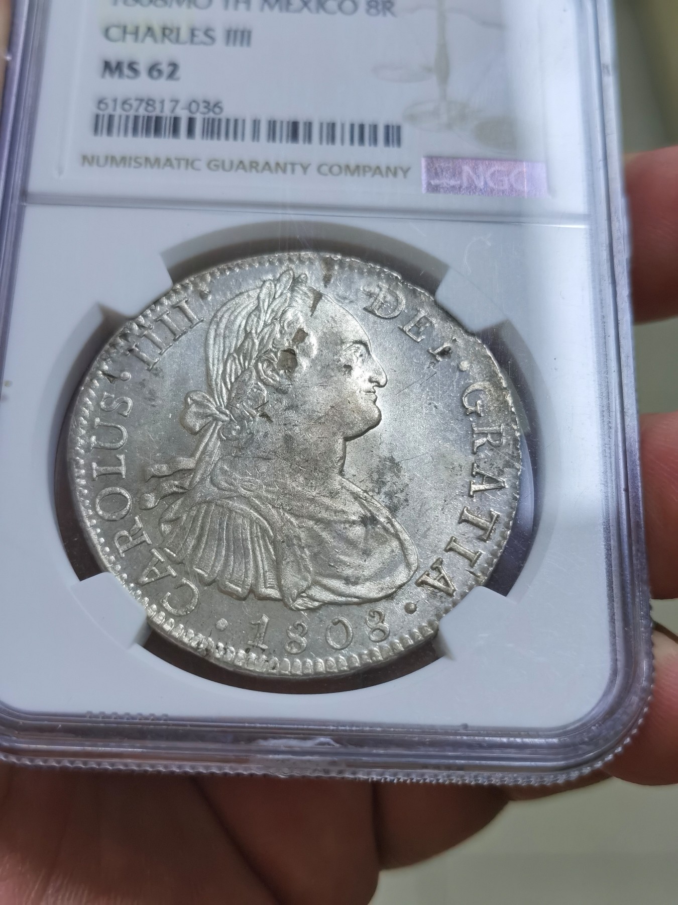 博洋堂世界钱币拍卖第036期（全场包邮） NGC MS62 西属1808年墨西哥卡洛斯四世双柱大银币