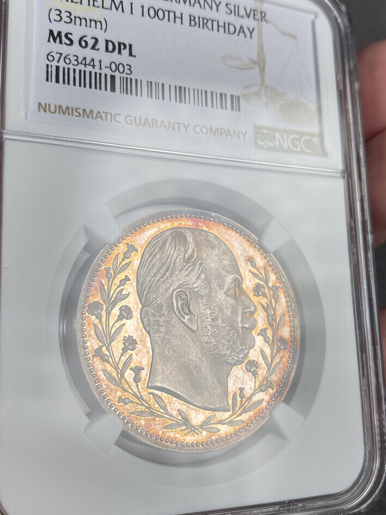 万国钱币拍卖第013期（视频直播专场） NGC MS62DPL 1897年德国威廉一世诞辰100周年纪念银章 通体金彩深度镜面
