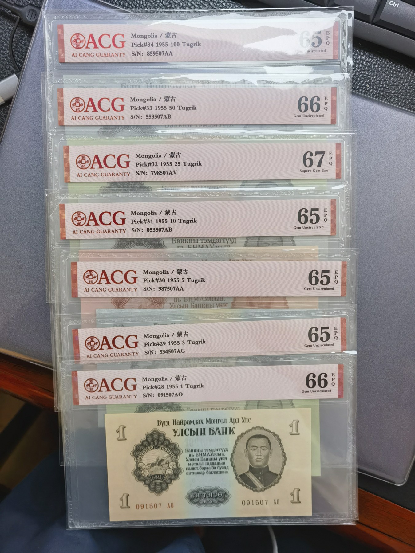 这个夏天，和七月说再见。 1955年，蒙古国图格里克7张大全套。尾三同507，爱藏评级