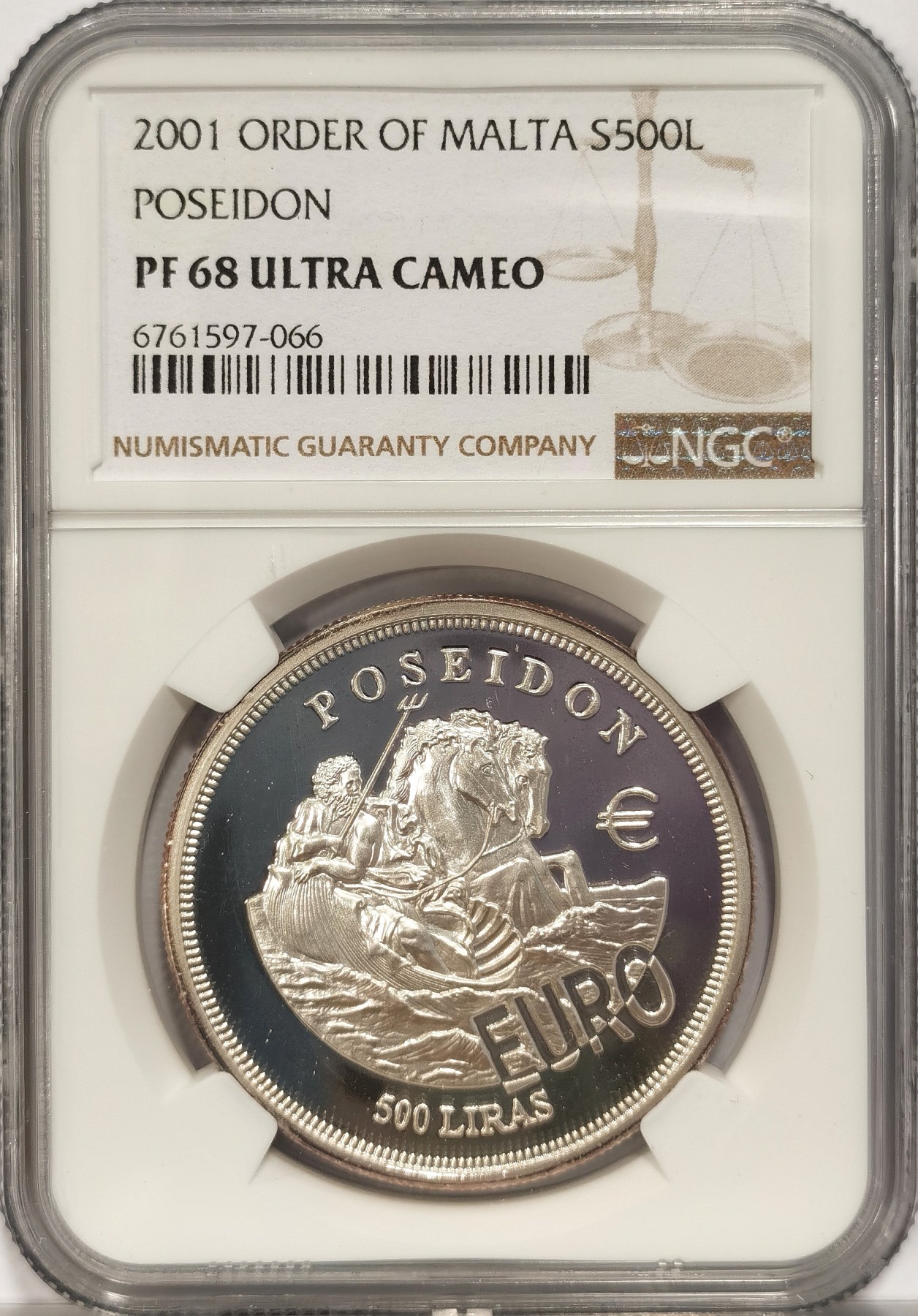 博洋堂世界钱币拍卖第036期（全场包邮） 珍稀币！NGC PF68UC 马耳他2001年海神波塞冬500里拉精制银币，NGC唯一亚军分