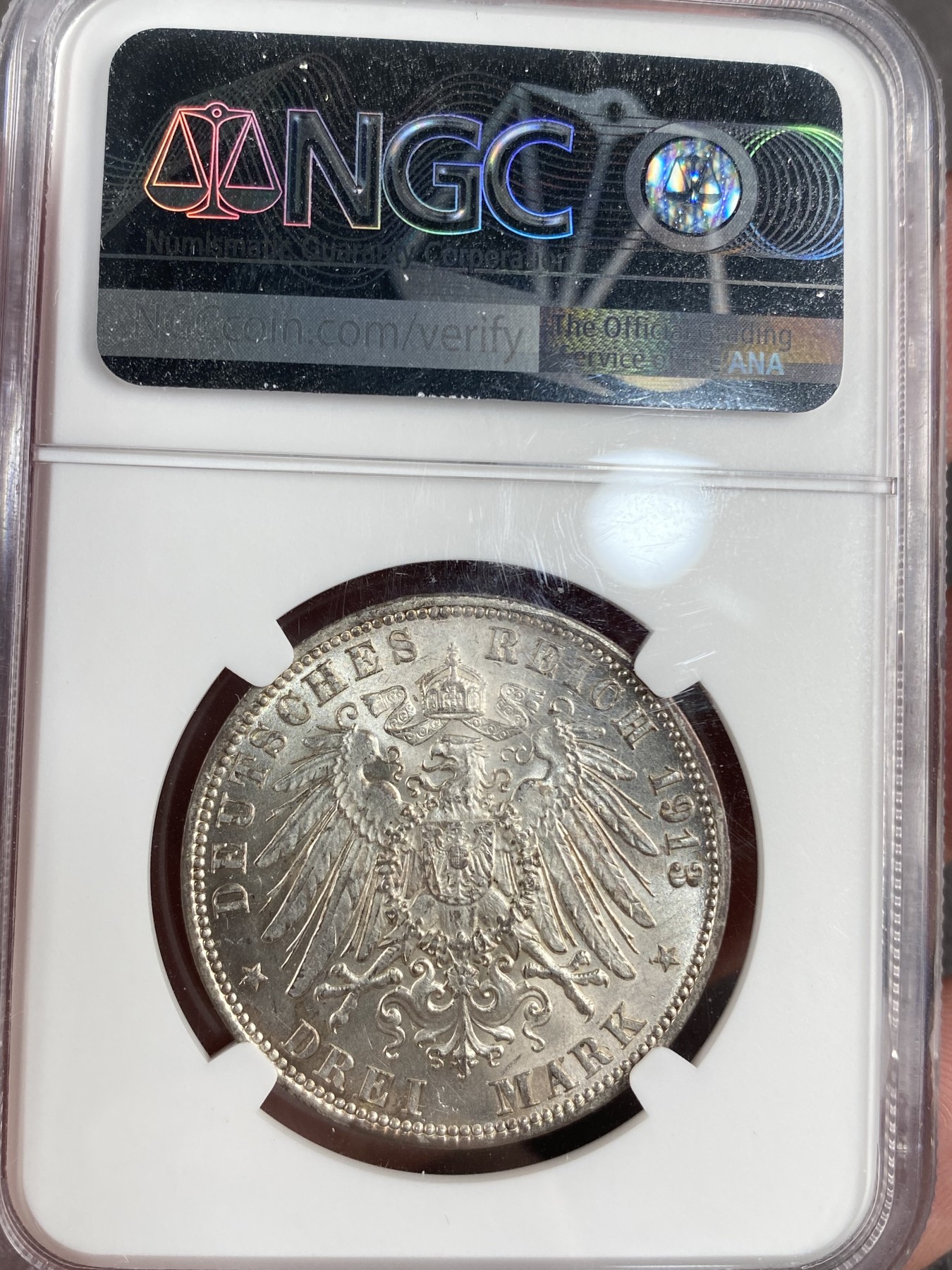 万国钱币拍卖第013期（视频直播专场） NGC MS63 1913年德国汉堡自由市3马克，转光好品，收藏级分数。