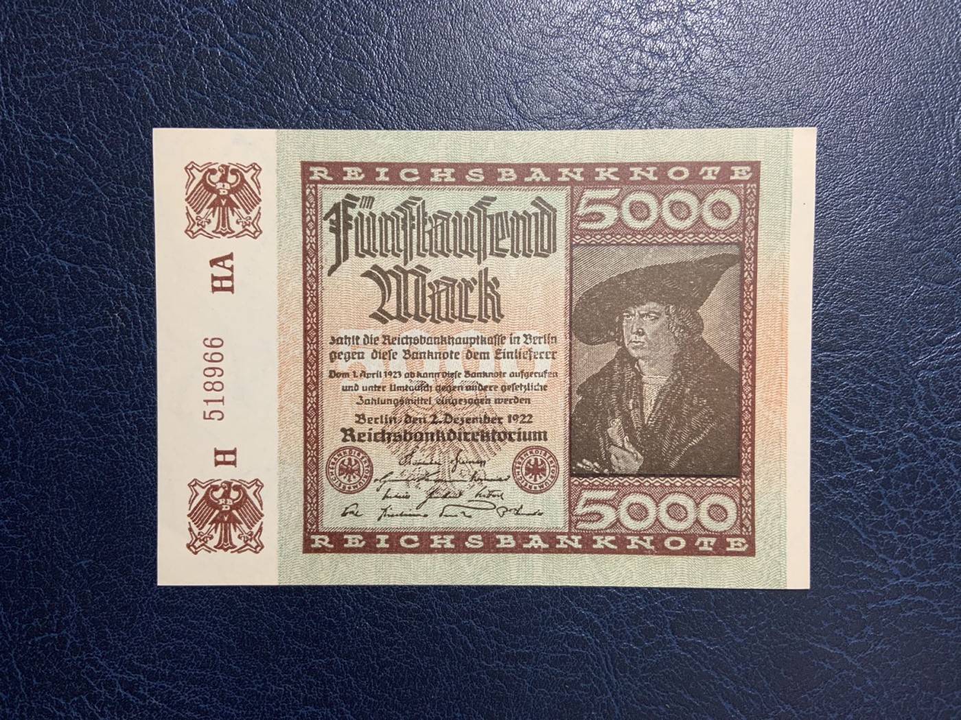 收藏联盟Quantum Auction 第277期拍卖  德国1922年5000马克 品相UNC 号码无347